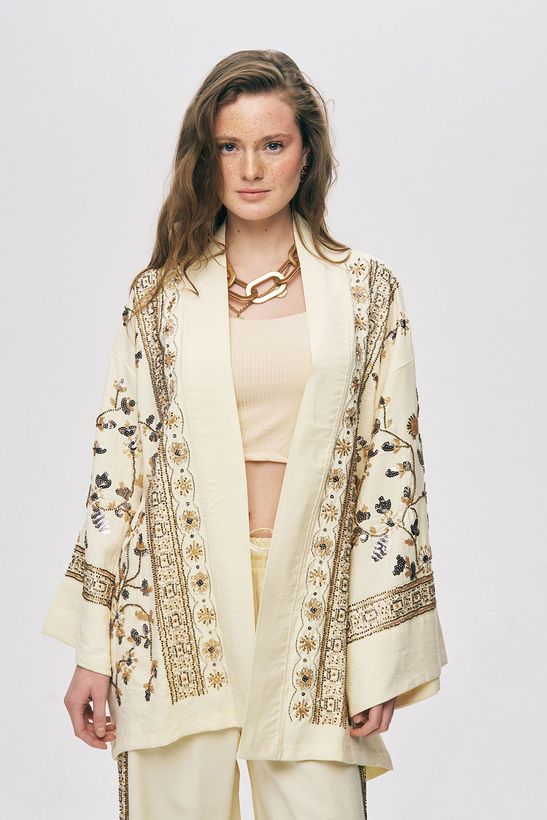 Orfeonegro Özel Tasarım Boncuk ve Nakış Detaylı Kimono Sarı