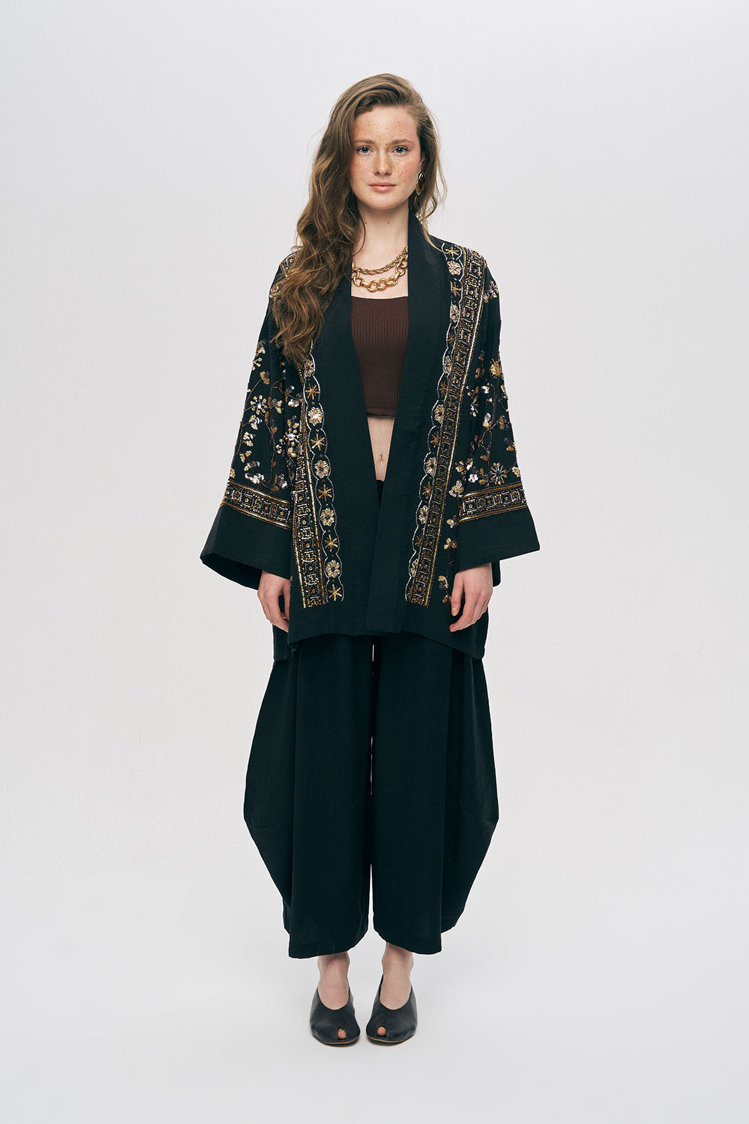 Orfeonegro Özel Tasarım Boncuk ve Nakış Detaylı Kimono Siyah