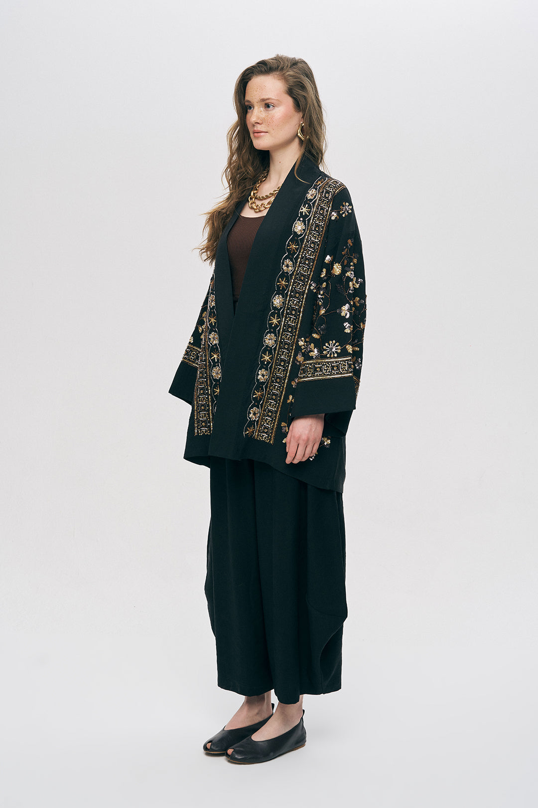 Orfeonegro Özel Tasarım Boncuk ve Nakış Detaylı Kimono Siyah