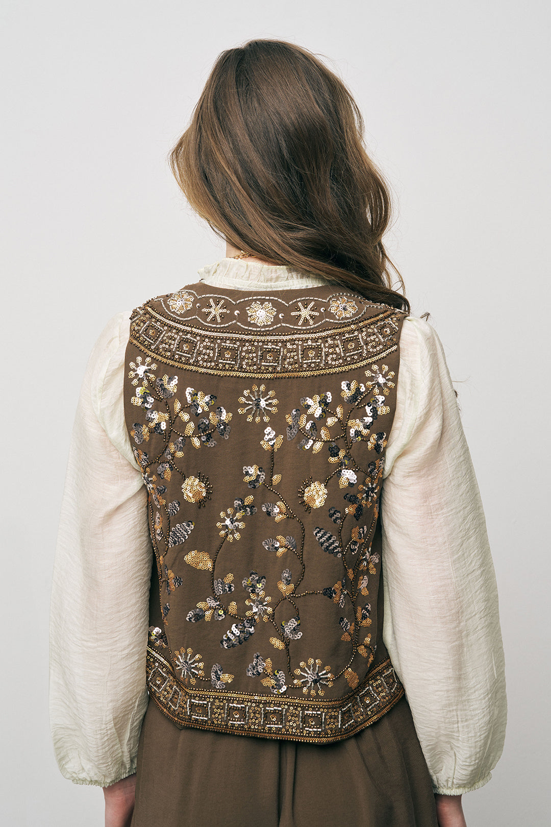 Orfeonegro Nakış ve Boncuk İşlemeli Kahverengi Kısa Yelek