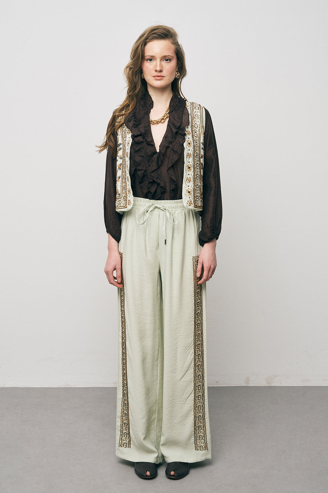 Orfeonegro Nakış ve Boncuk İşlemeli Mint Kısa Yelek