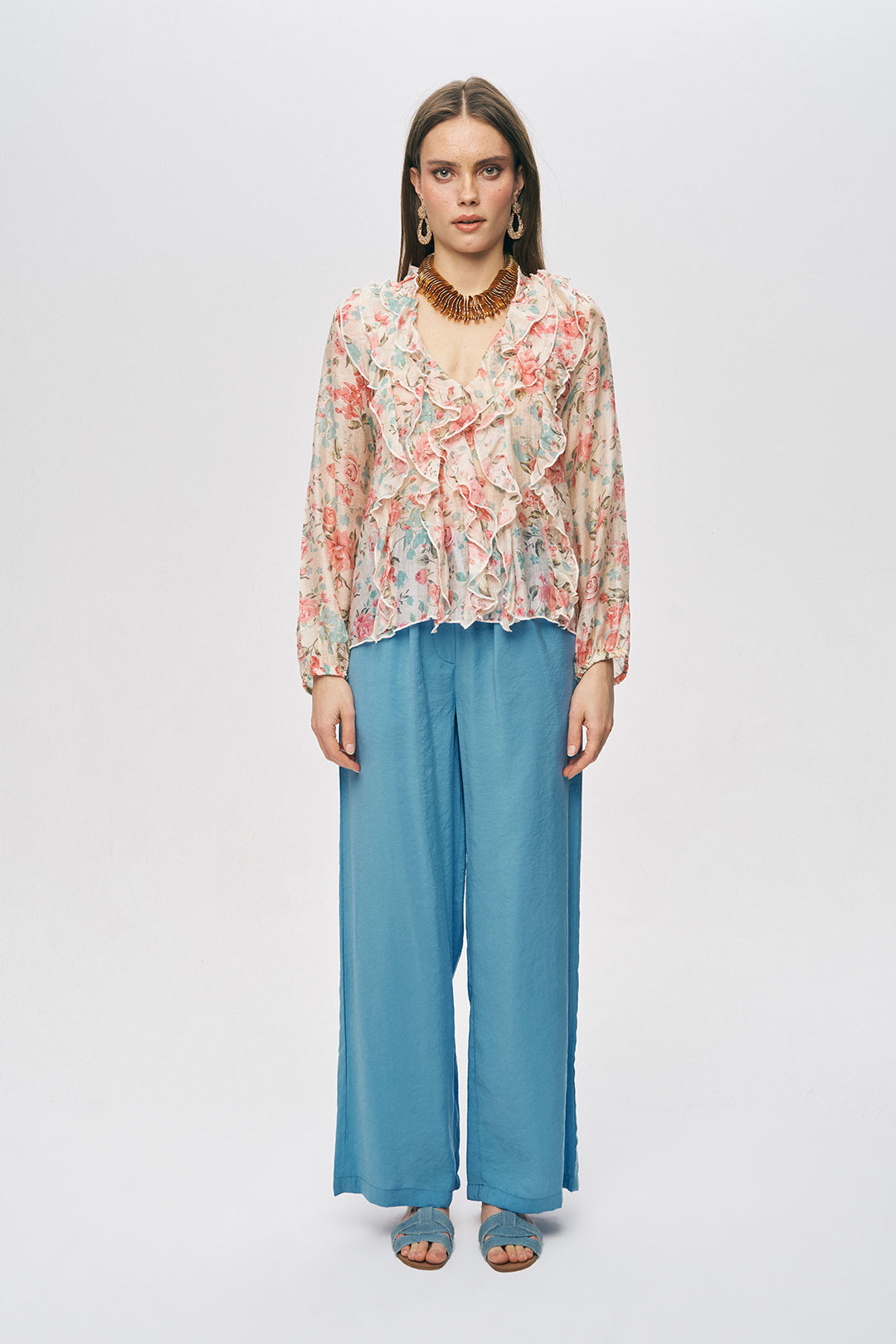 Fırfırlı Çiçek Desenli Gömlek