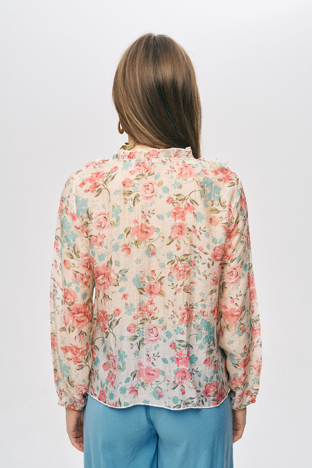 Fırfırlı Çiçek Desenli Gömlek