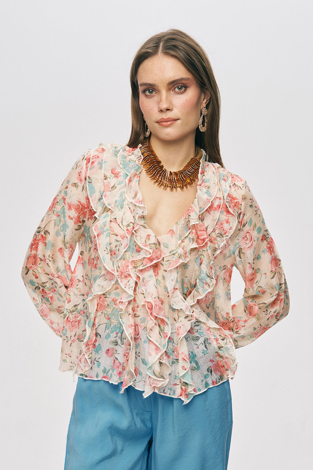 Fırfırlı Çiçek Desenli Gömlek