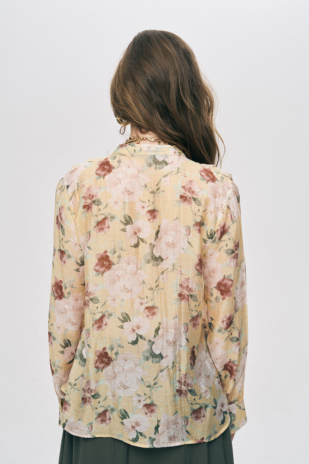 Sarı Çiçek Desenli Fırfır Detaylı Gömlek