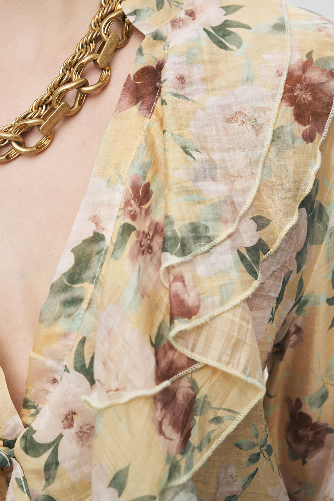 Sarı Çiçek Desenli Fırfır Detaylı Gömlek