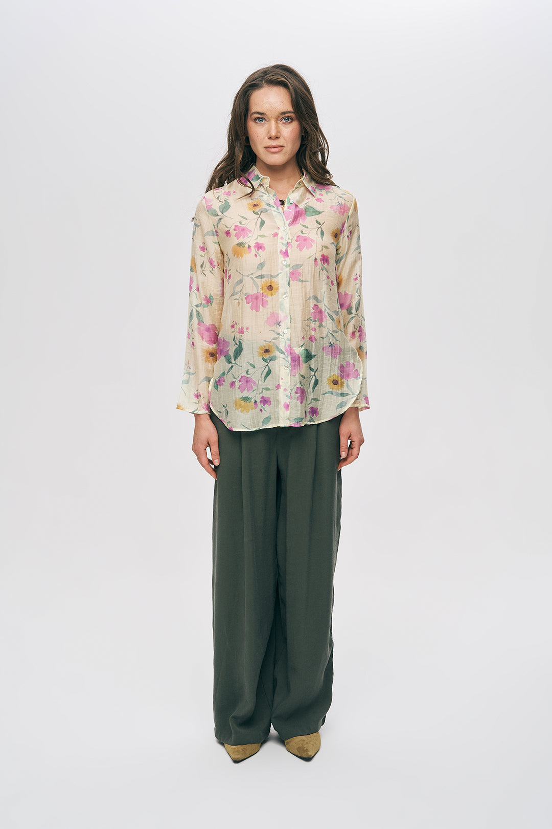 Sarı ve Pembe Çiçekli Şifon Kadın Gömlek