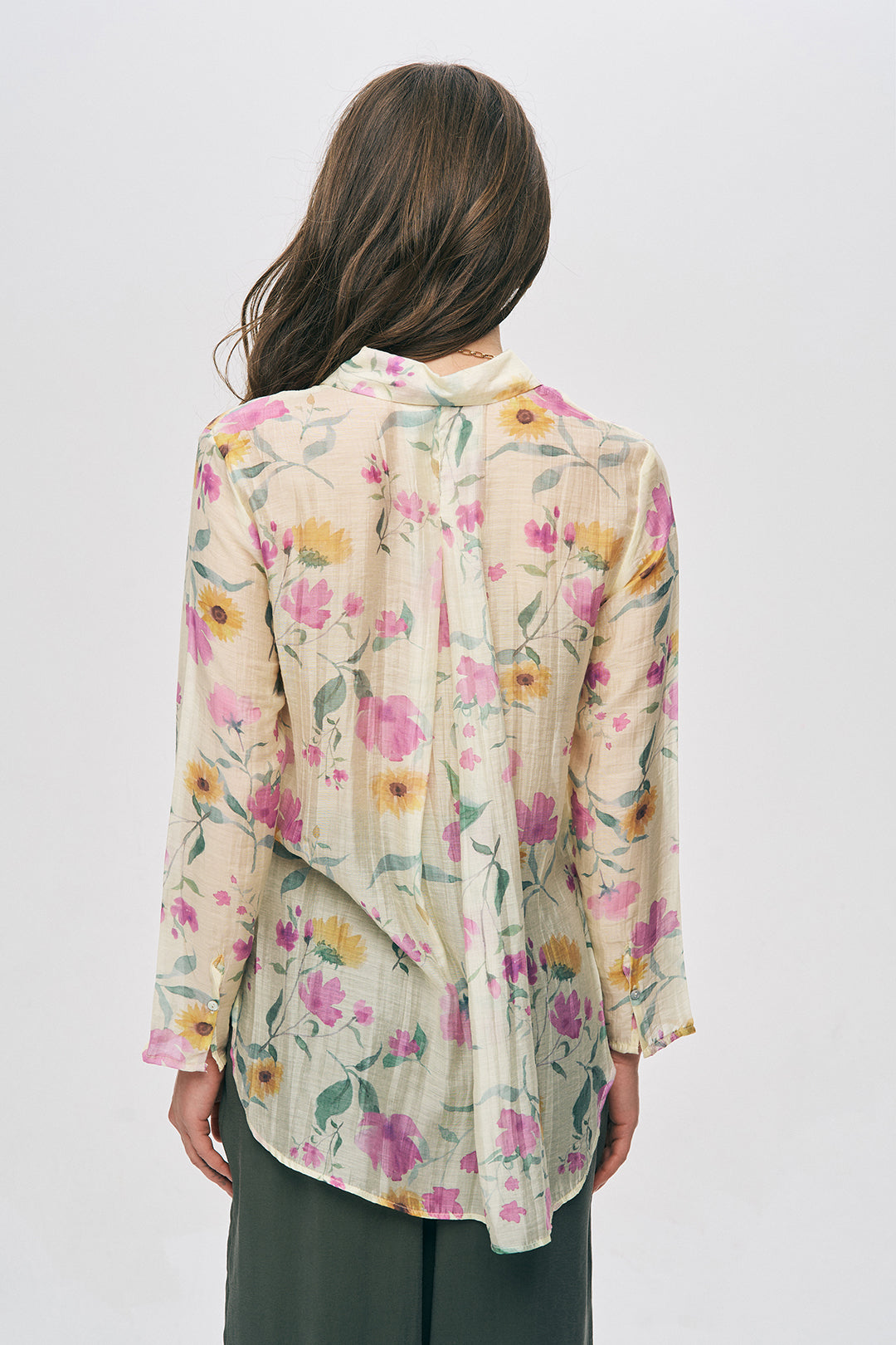 Sarı ve Pembe Çiçekli Şifon Kadın Gömlek