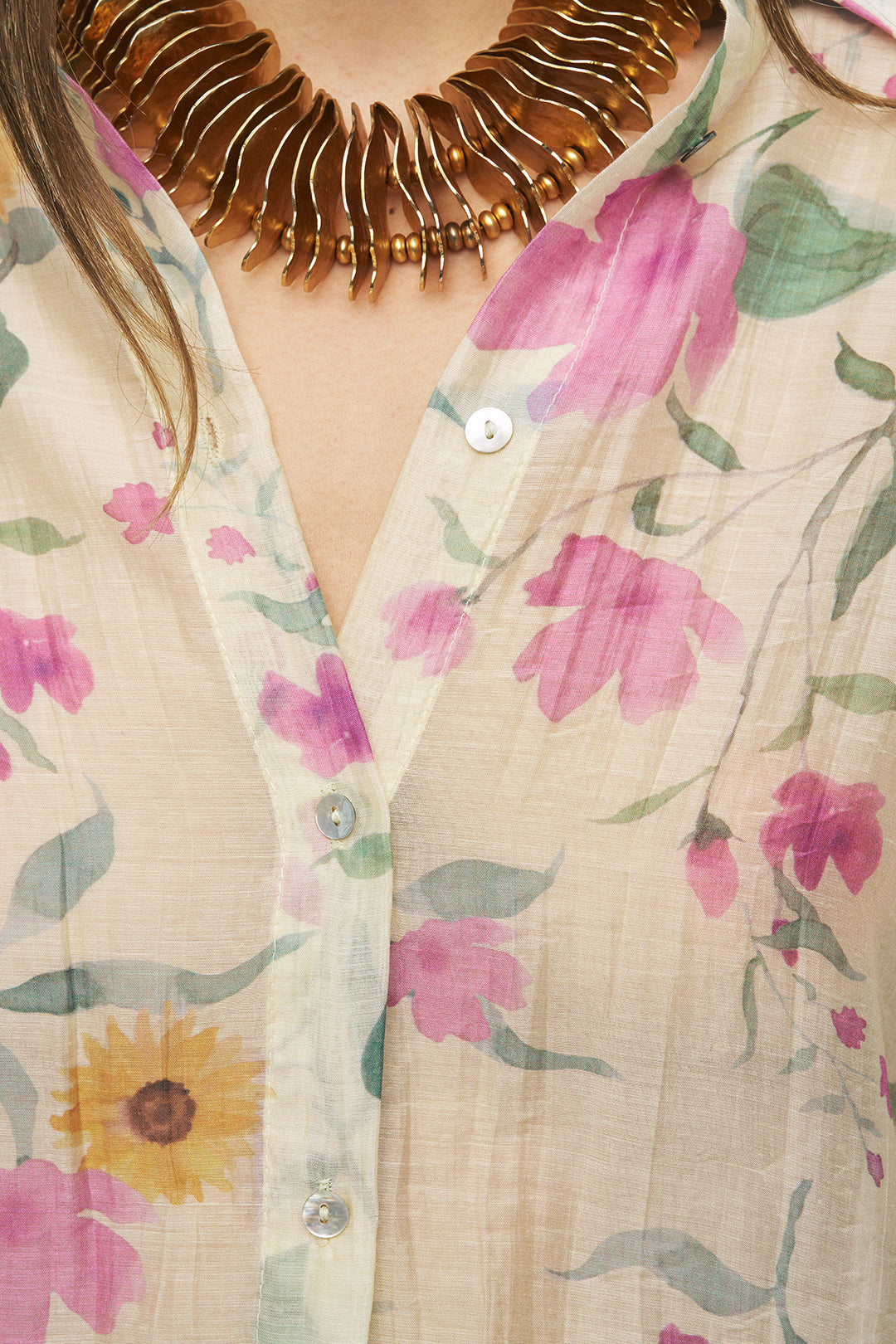 Sarı ve Pembe Çiçekli Şifon Kadın Gömlek