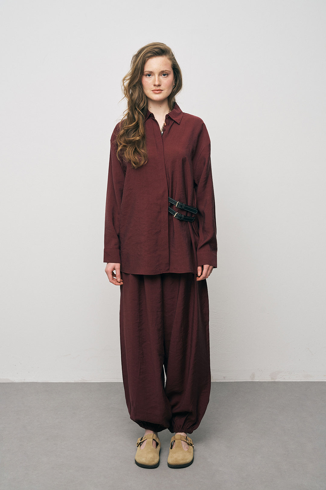Orfeonegro Çift Kemer Aksesuarlı Bordo Uzun Kollu Gömlek