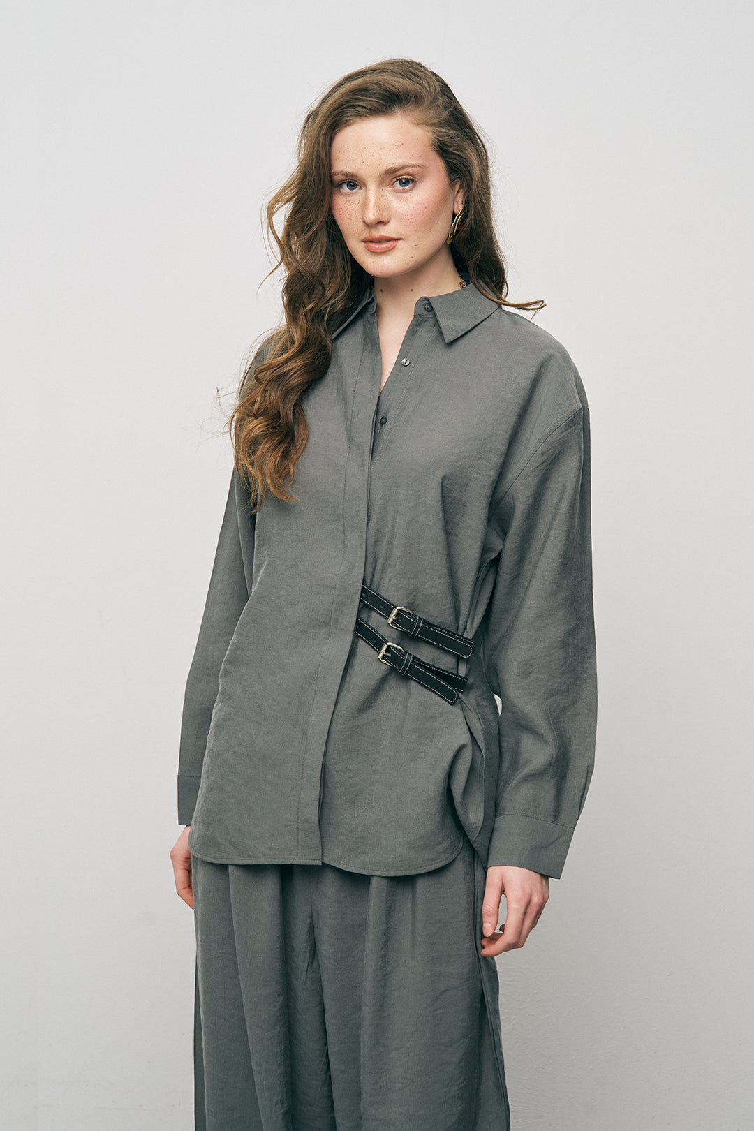 Orfeonegro Çift Kemer Aksesuarlı Haki Uzun Kollu Gömlek