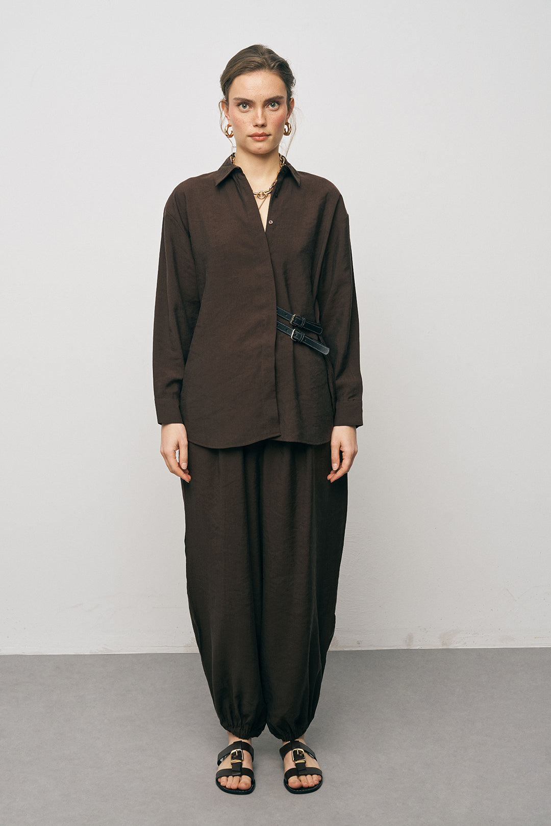 Orfeonegro Çift Kemer Aksesuarlı Kahve Uzun Kollu Gömlek