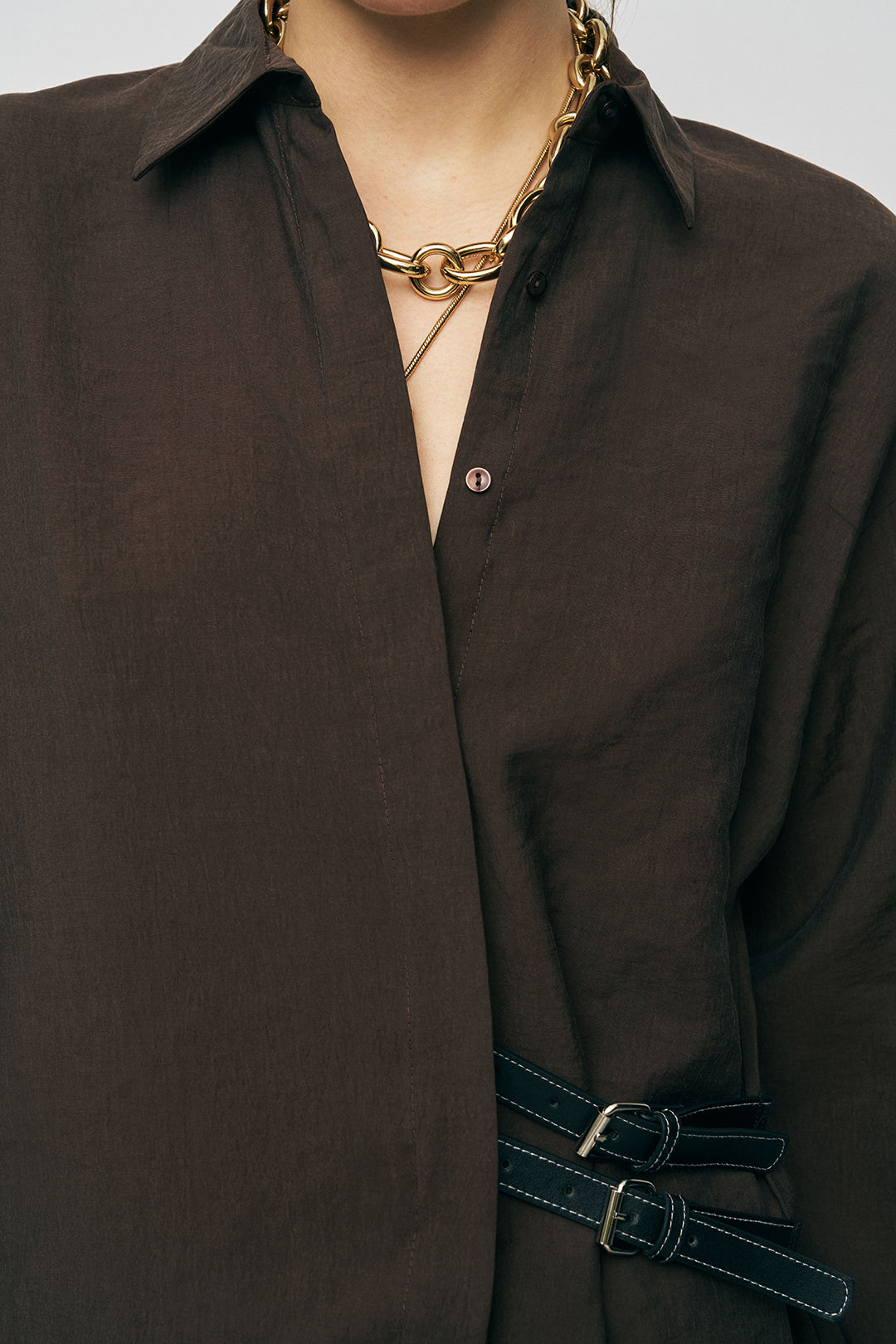 Orfeonegro Çift Kemer Aksesuarlı Kahve Uzun Kollu Gömlek