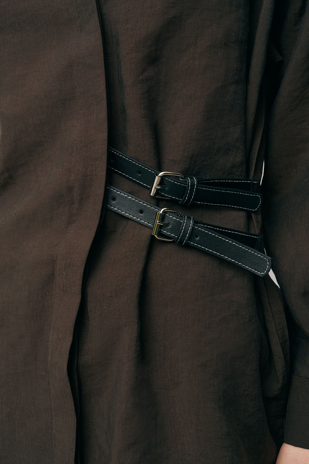 Orfeonegro Çift Kemer Aksesuarlı Kahve Uzun Kollu Gömlek