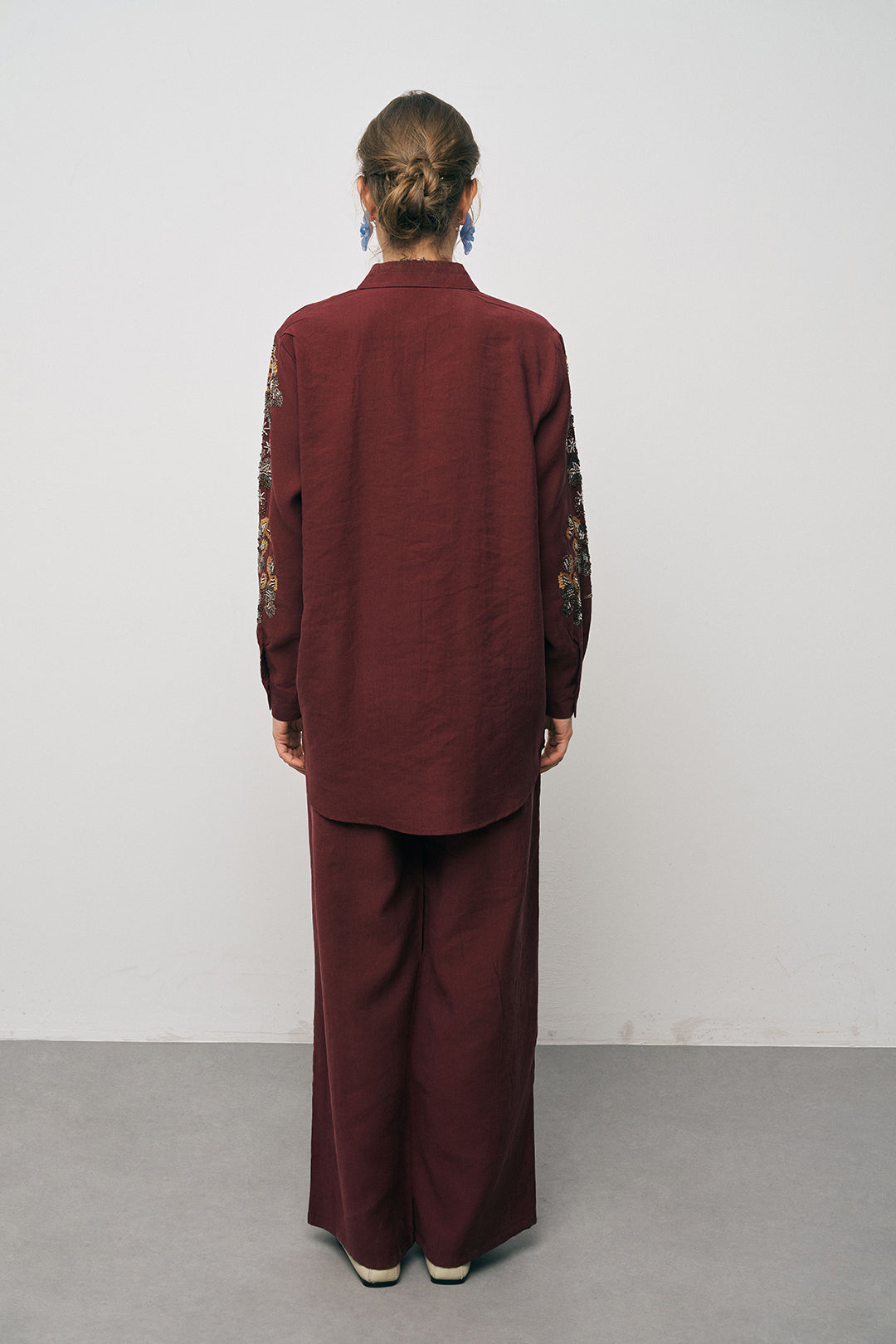 Orfeonegro Bordo Pul ve Boncuk İşlemeli Oversize Gömlek