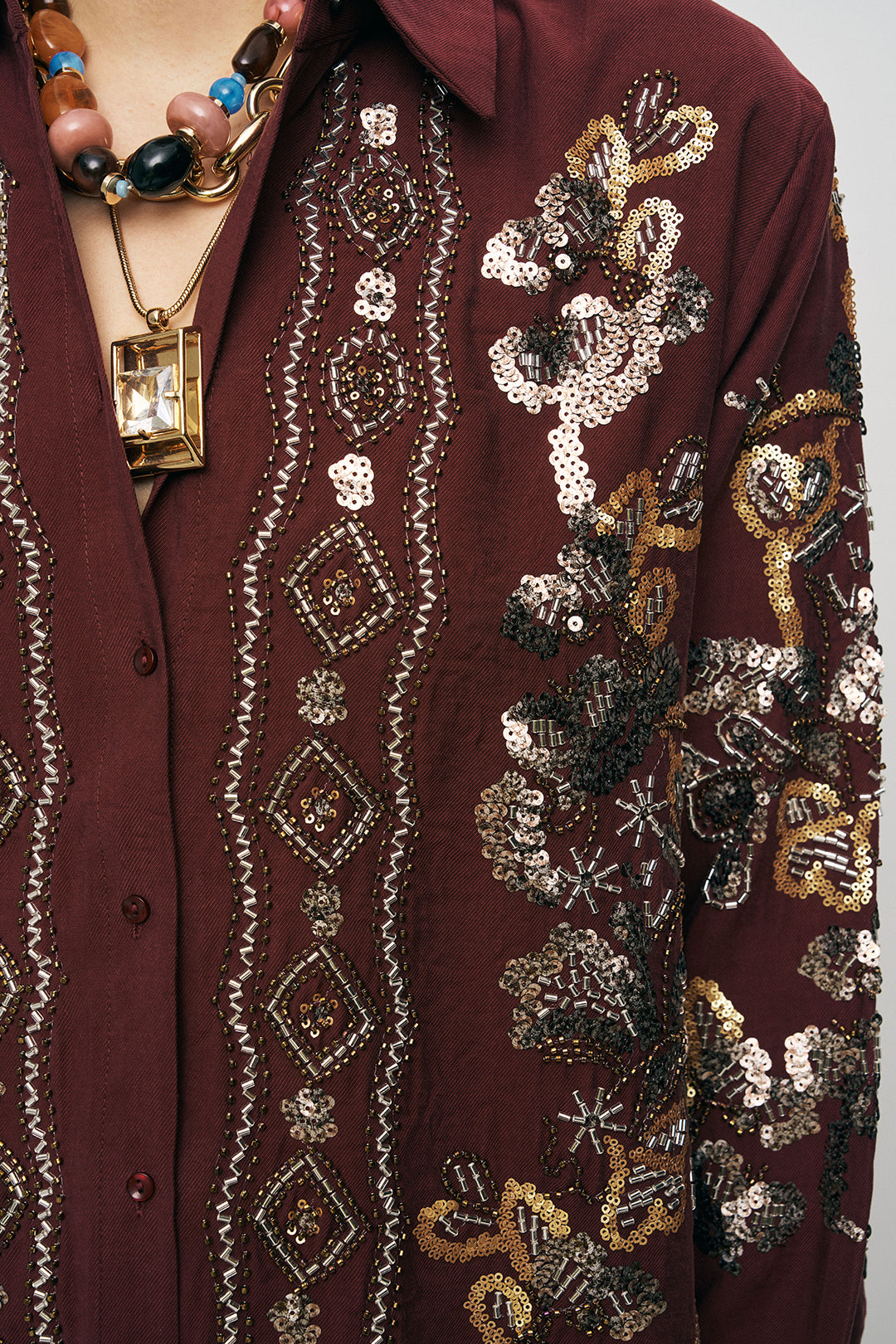Orfeonegro Bordo Pul ve Boncuk İşlemeli Oversize Gömlek