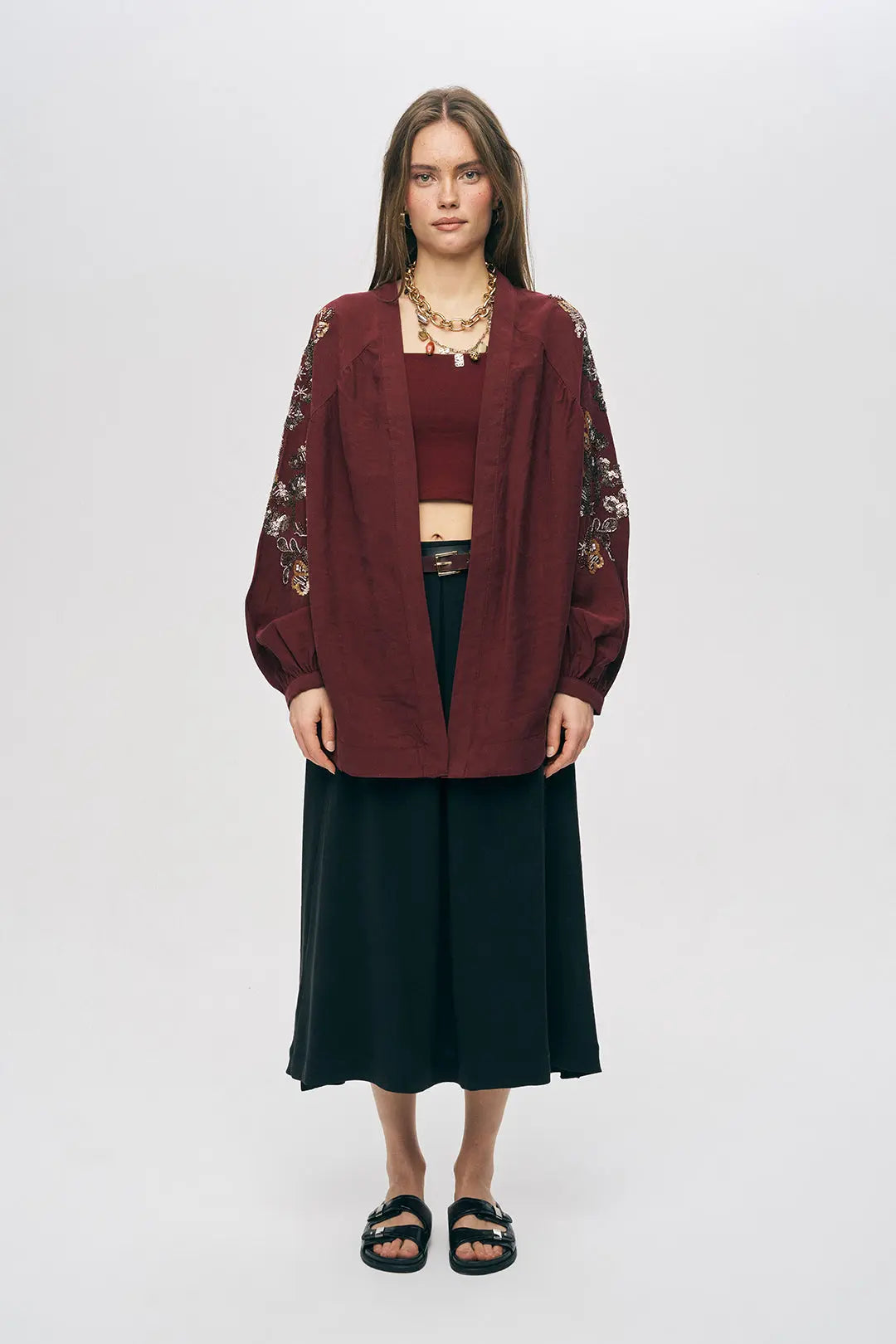 Orfeonegro Bordo Nakış ve Boncuk İşlemeli Oversize Kimono ORFEONEGRO