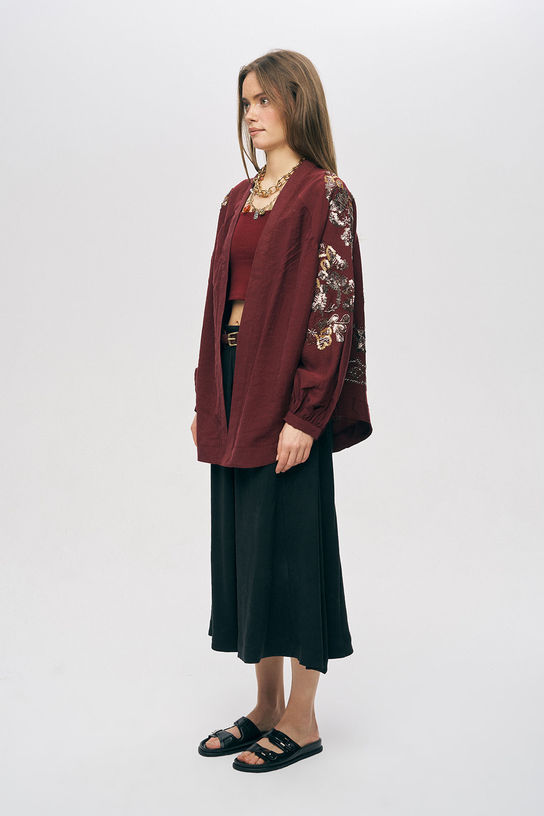 Orfeonegro Bordo Nakış ve Boncuk İşlemeli Oversize Kimono ORFEONEGRO