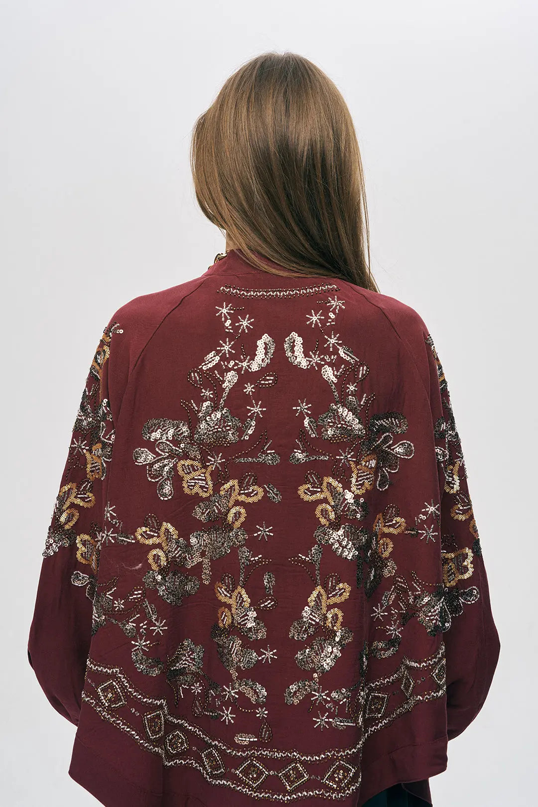 Orfeonegro Bordo Nakış ve Boncuk İşlemeli Oversize Kimono ORFEONEGRO