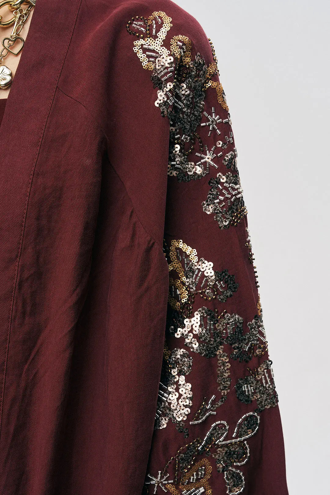 Orfeonegro Bordo Nakış ve Boncuk İşlemeli Oversize Kimono ORFEONEGRO