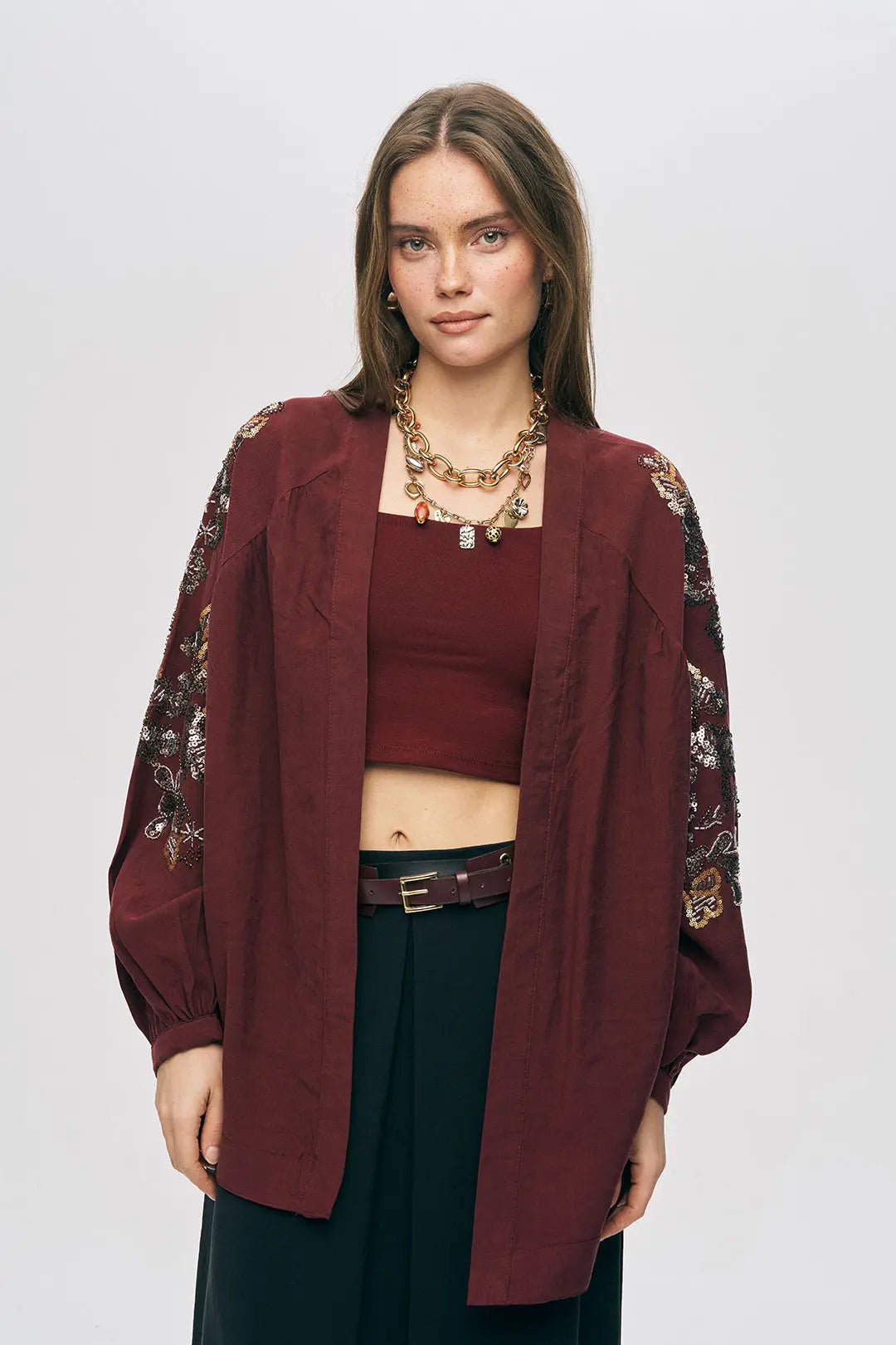 Orfeonegro Bordo Nakış ve Boncuk İşlemeli Oversize Kimono ORFEONEGRO