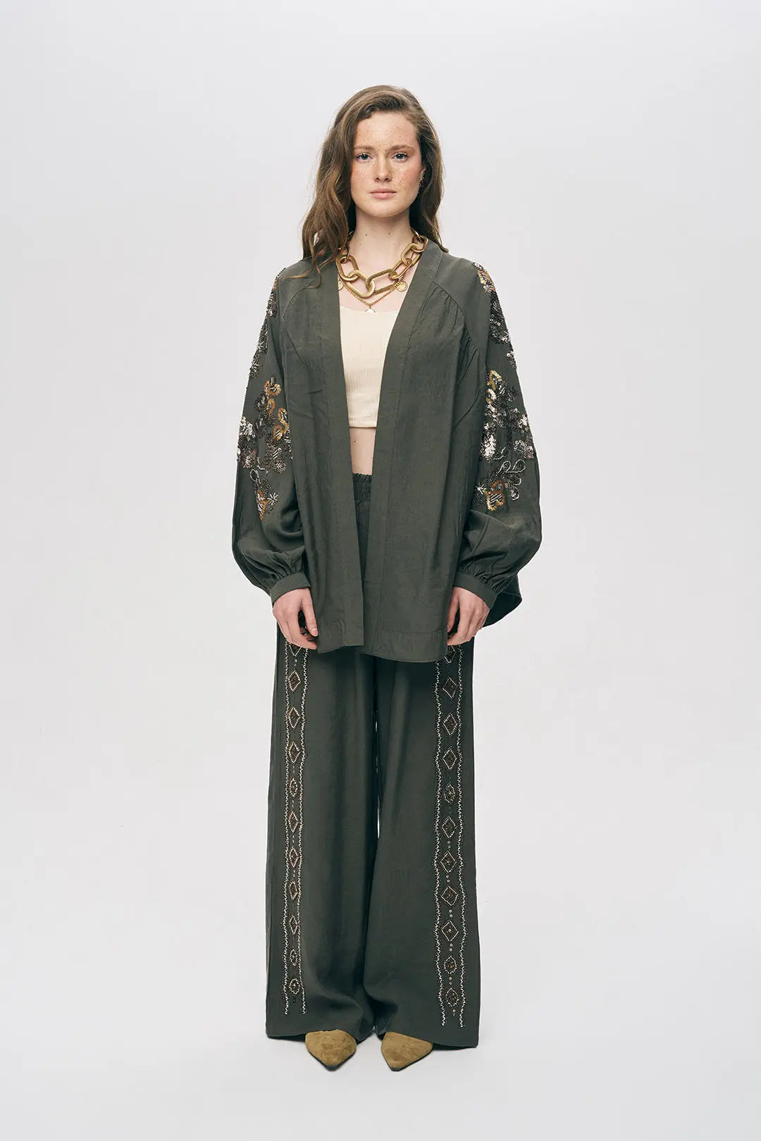 Orfeonegro Haki Nakış ve Boncuk İşlemeli Oversize Kimono ORFEONEGRO