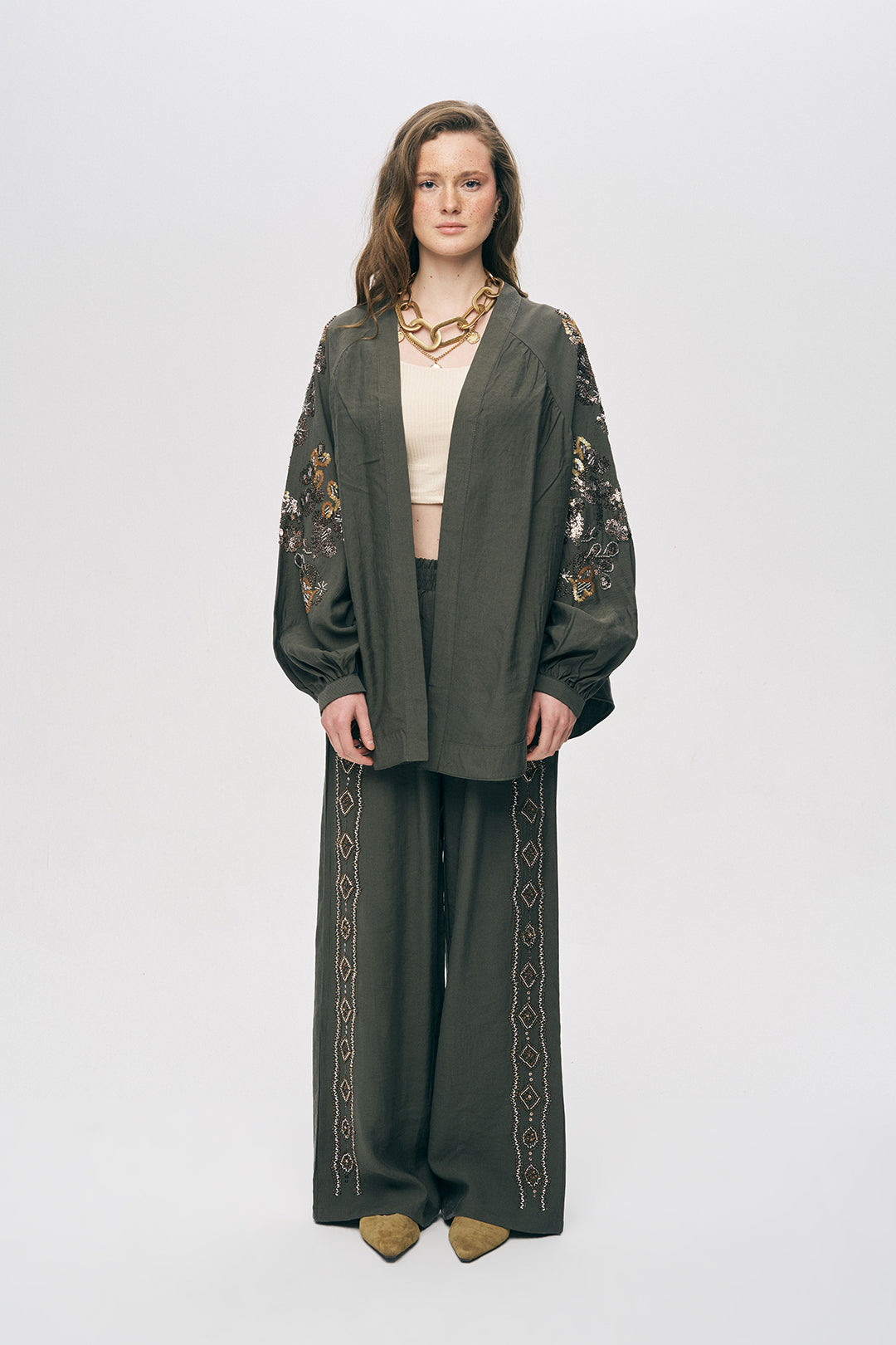 Orfeonegro Haki Nakış ve Boncuk İşlemeli Oversize Kimono