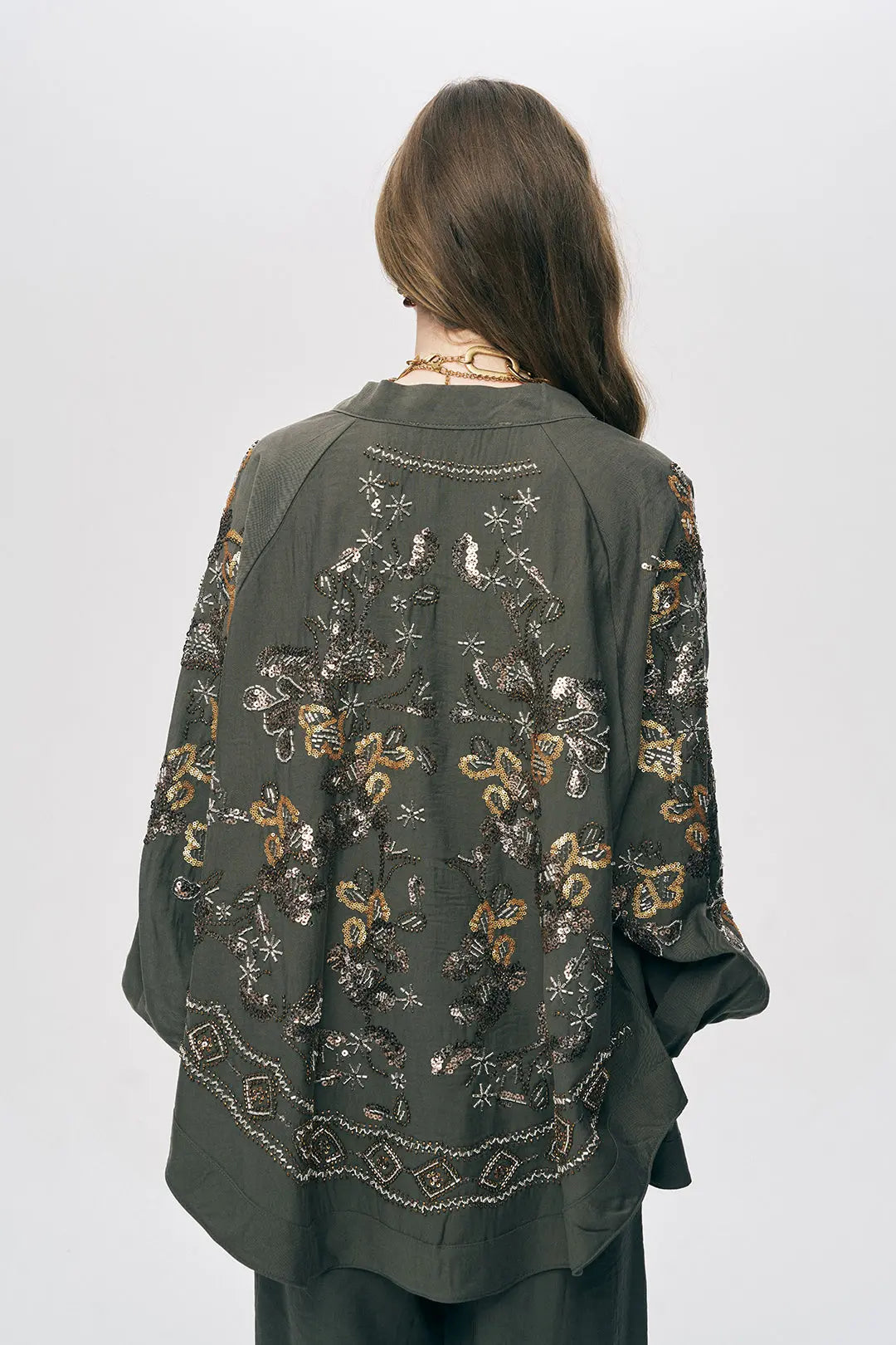 Orfeonegro Haki Nakış ve Boncuk İşlemeli Oversize Kimono ORFEONEGRO
