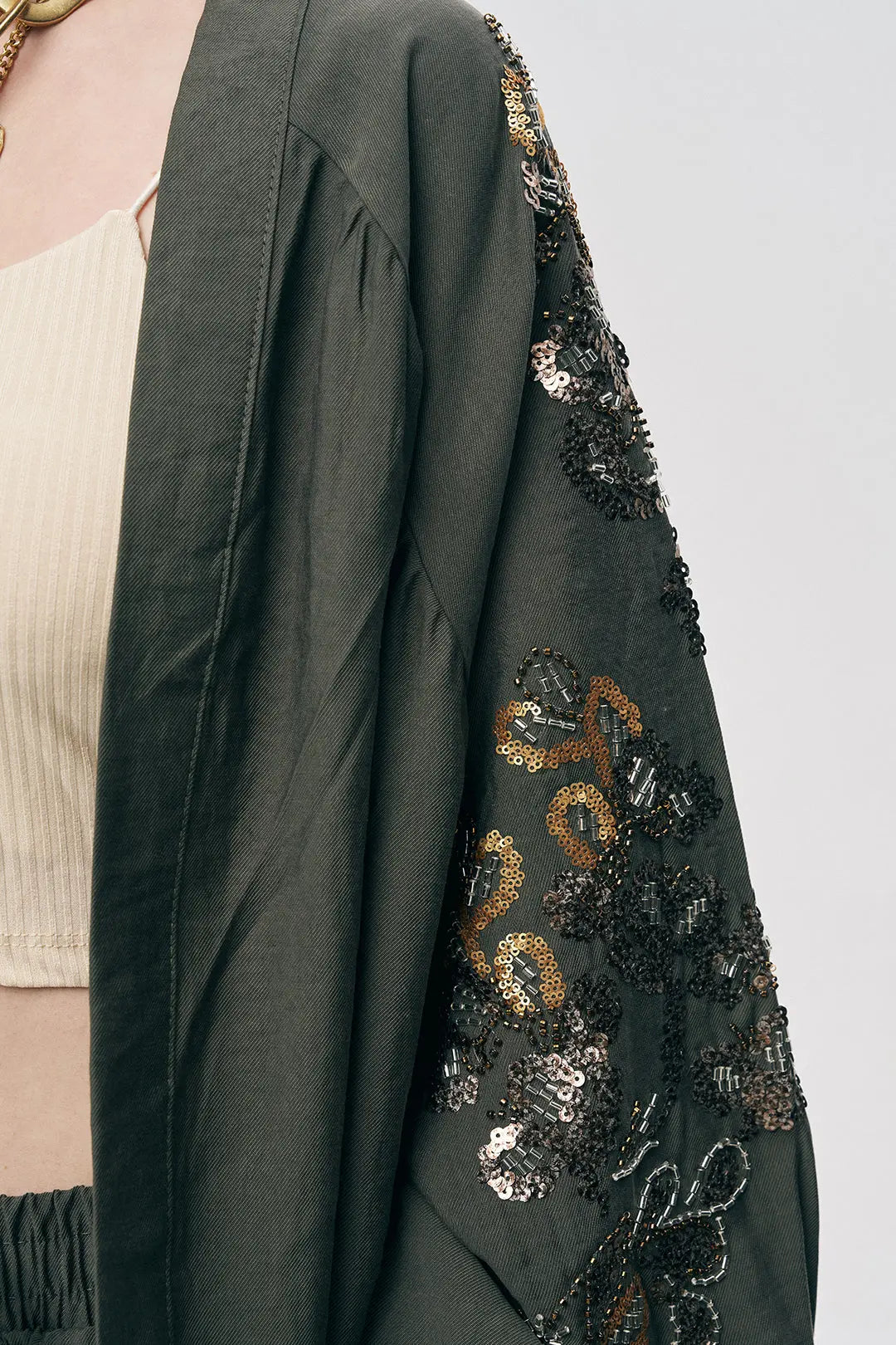 Orfeonegro Haki Nakış ve Boncuk İşlemeli Oversize Kimono ORFEONEGRO