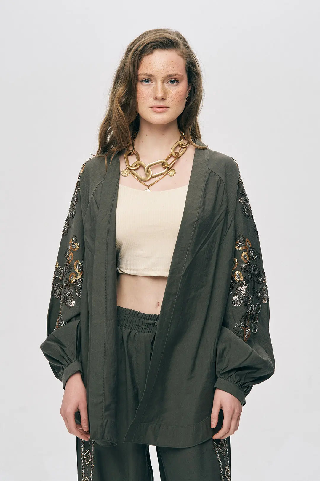 Orfeonegro Haki Nakış ve Boncuk İşlemeli Oversize Kimono ORFEONEGRO