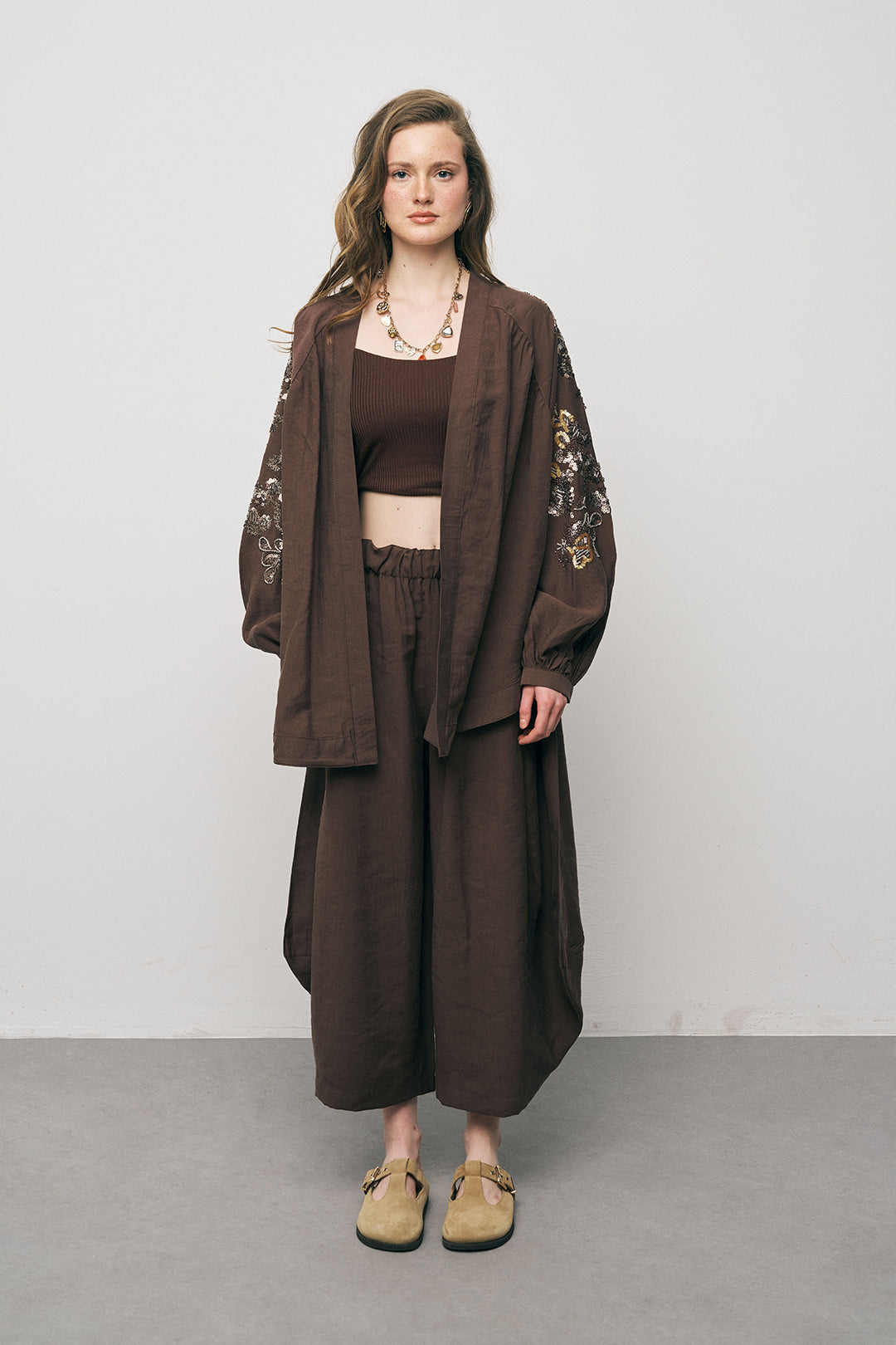 Orfeonegro Kahve Nakış ve Boncuk İşlemeli Oversize Kimono ORFEONEGRO