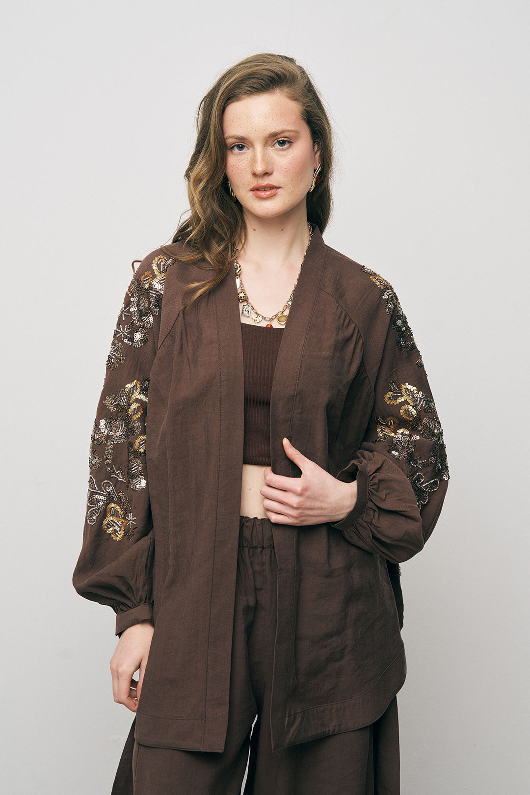 Orfeonegro Kahve Nakış ve Boncuk İşlemeli Oversize Kimono ORFEONEGRO