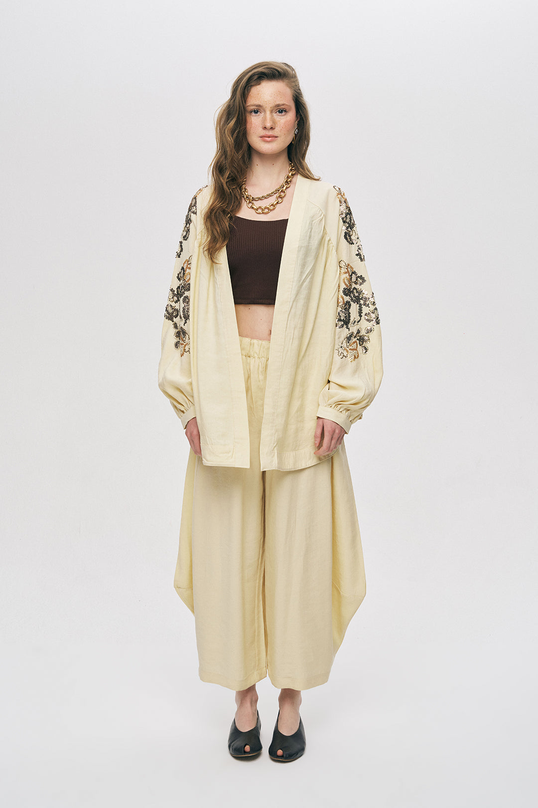 Orfeonegro Sarı Nakış ve Boncuk İşlemeli Oversize Kimono ORFEONEGRO