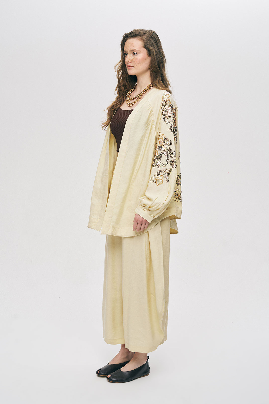 Orfeonegro Sarı Nakış ve Boncuk İşlemeli Oversize Kimono ORFEONEGRO