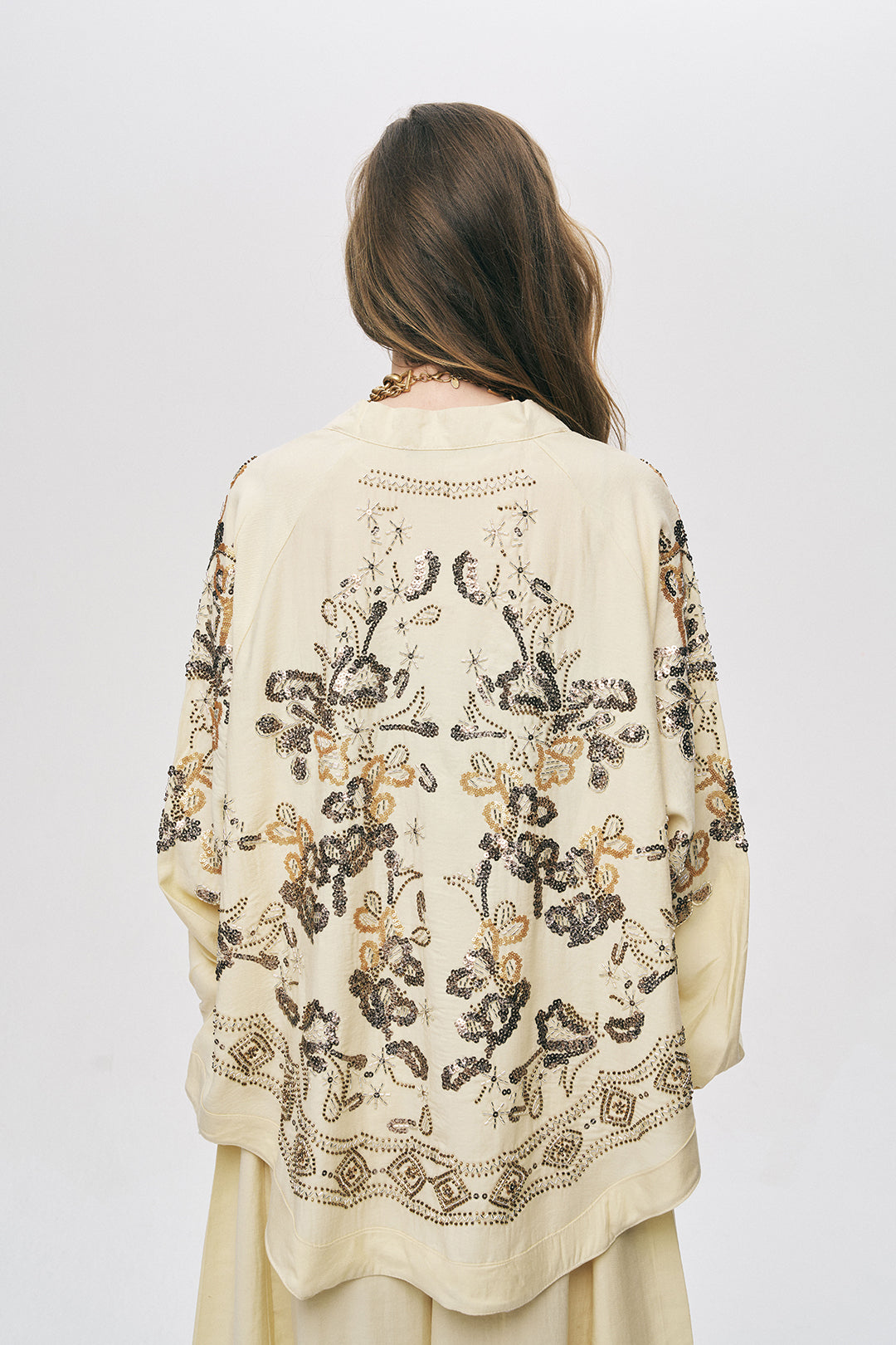 Orfeonegro Sarı Nakış ve Boncuk İşlemeli Oversize Kimono ORFEONEGRO