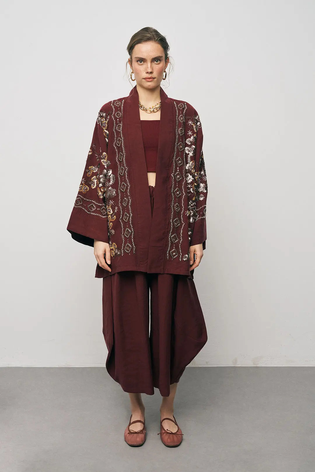 Orfeonegro Bordo Nakış İşlemeli Kimono ORFEONEGRO