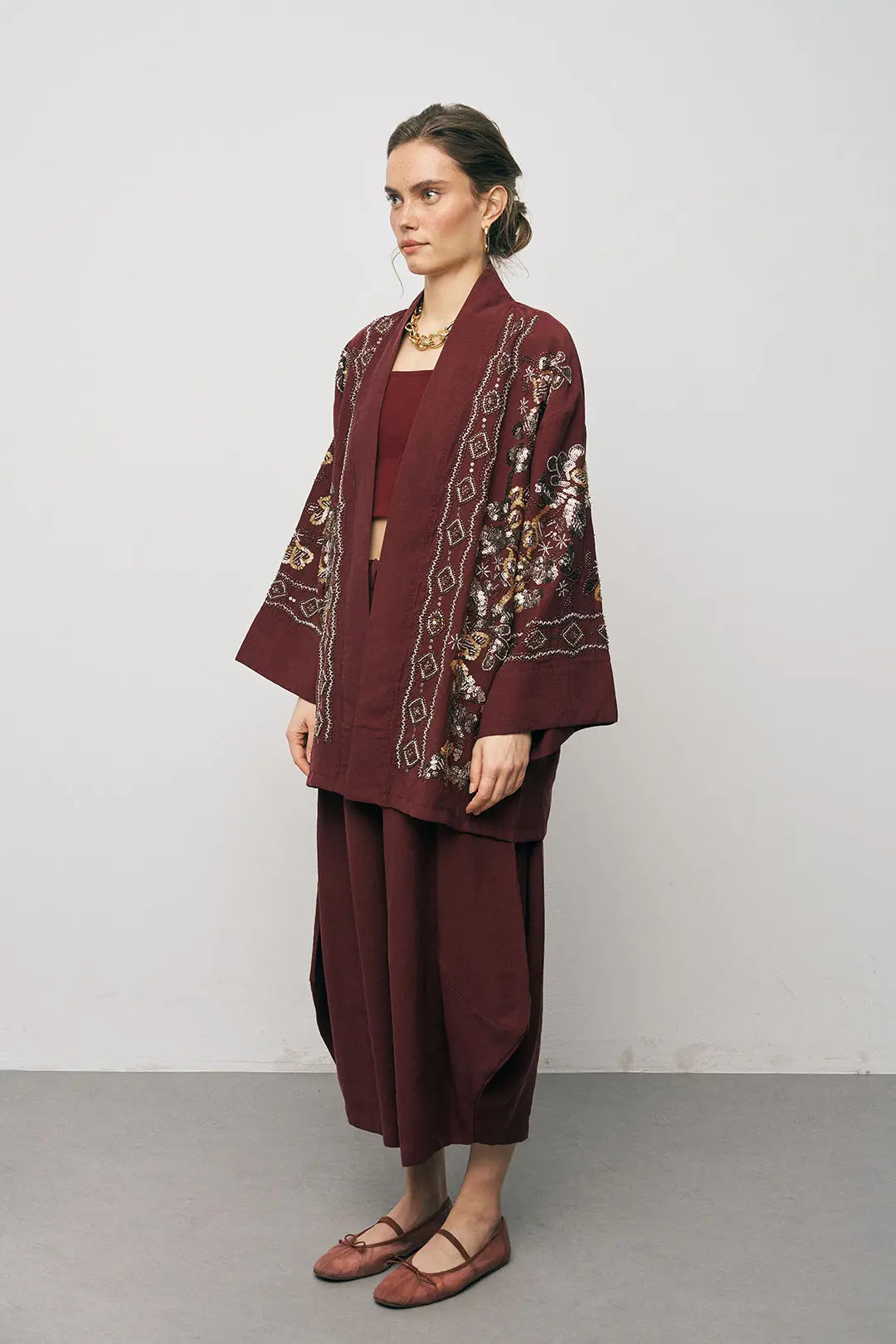 Orfeonegro Bordo Nakış İşlemeli Kimono ORFEONEGRO