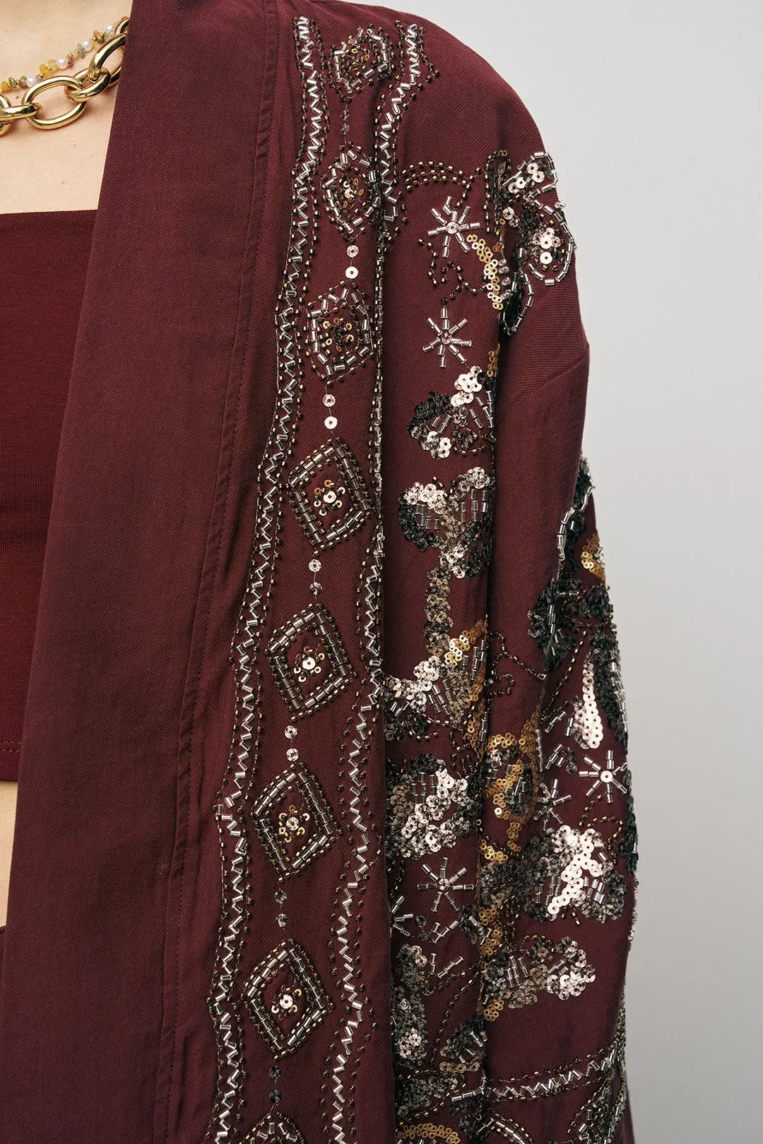 Orfeonegro Bordo Nakış İşlemeli Kimono ORFEONEGRO