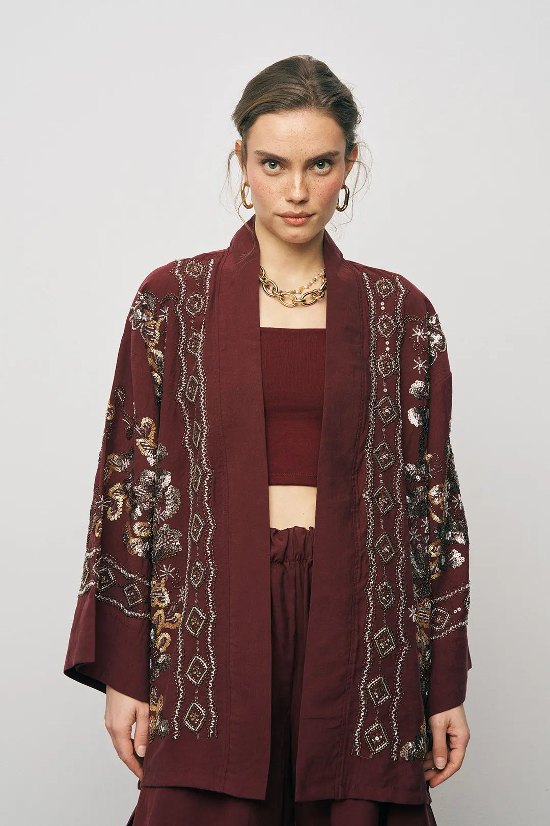 Orfeonegro Bordo Nakış İşlemeli Kimono ORFEONEGRO
