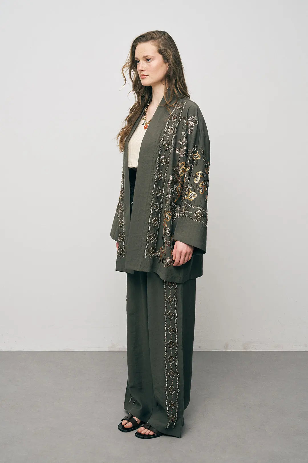 Orfeonegro Haki Nakış İşlemeli Kimono ORFEONEGRO