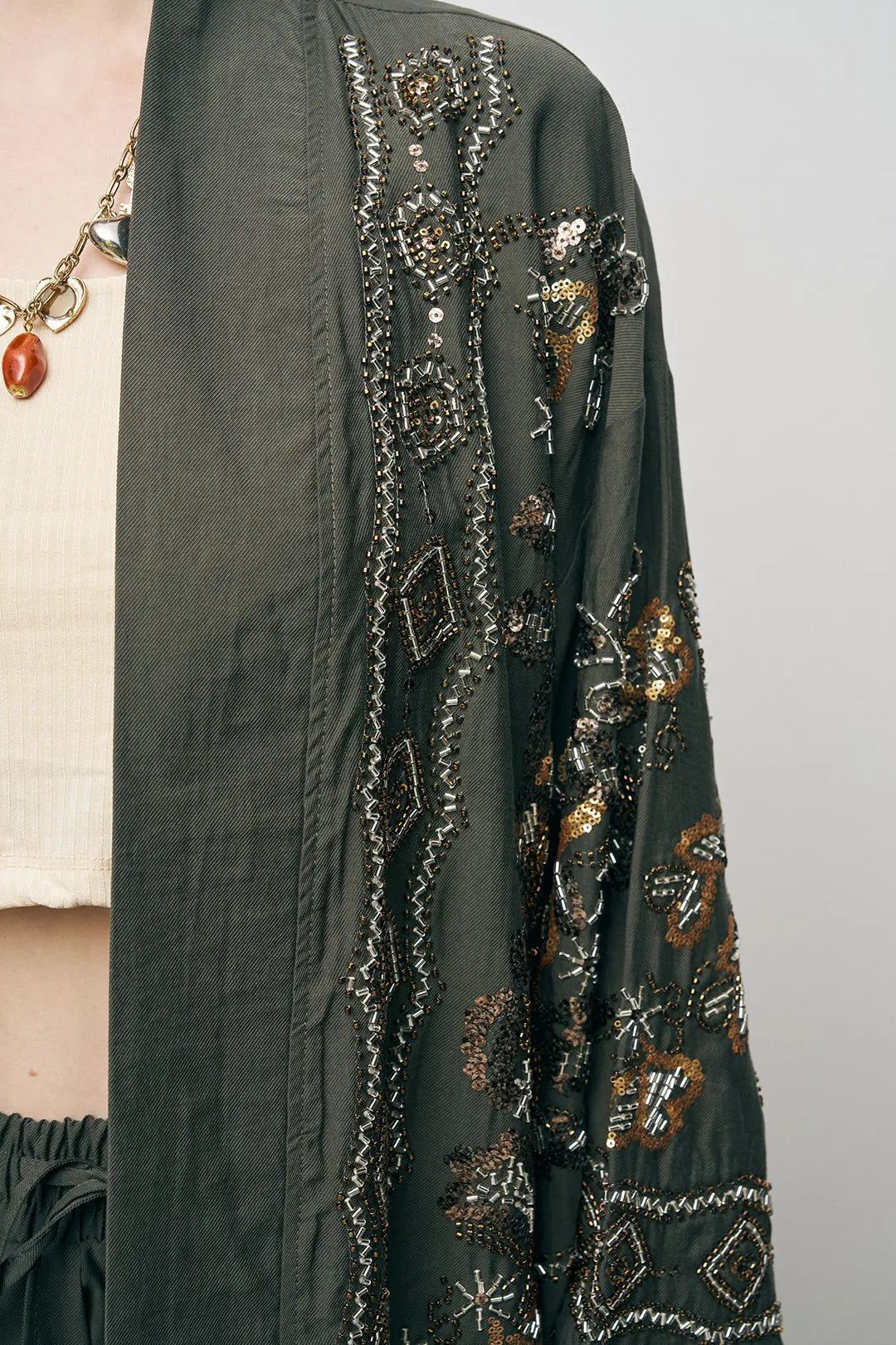 Orfeonegro Haki Nakış İşlemeli Kimono ORFEONEGRO