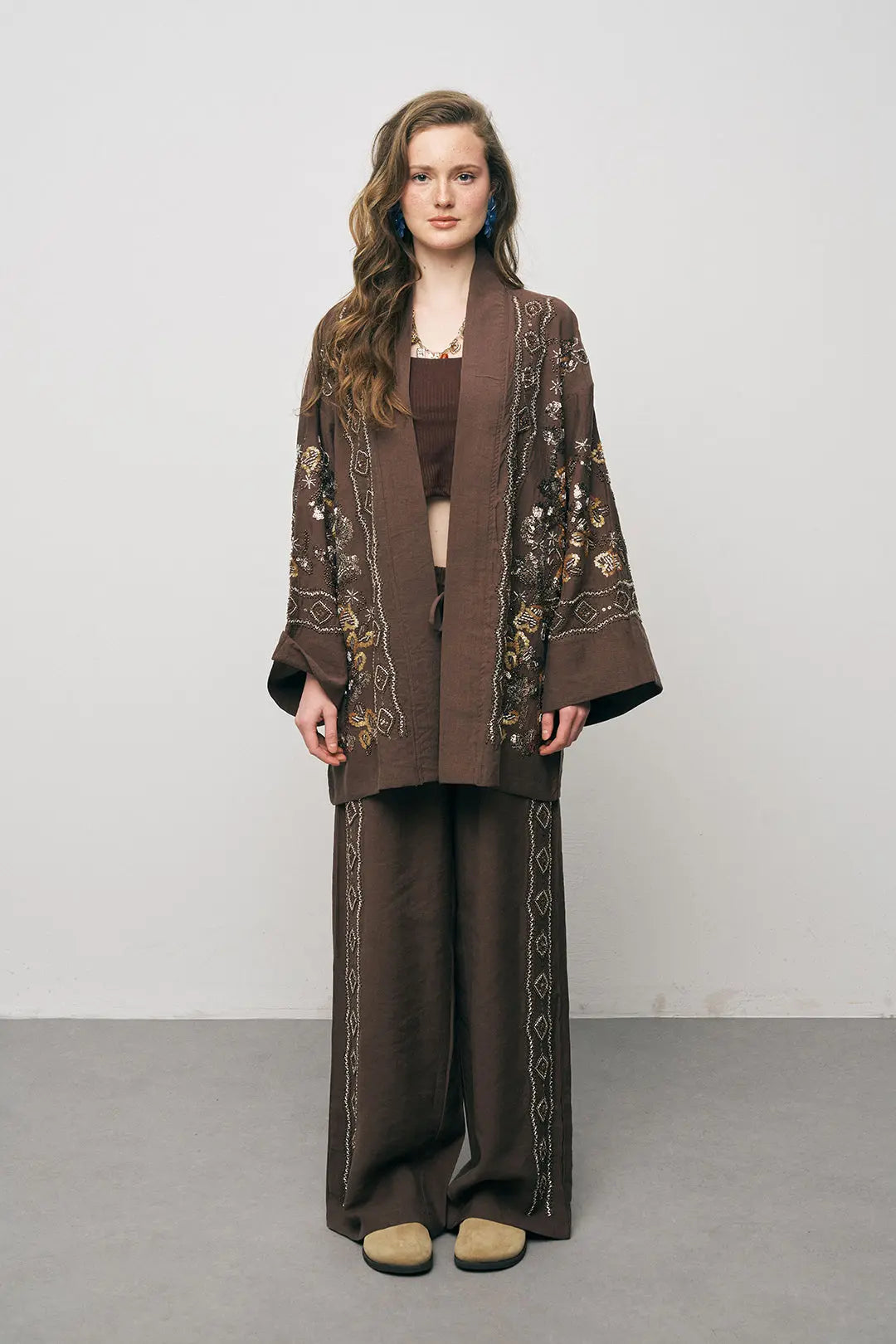 Orfeonegro Kahve Nakış İşlemeli Kimono ORFEONEGRO