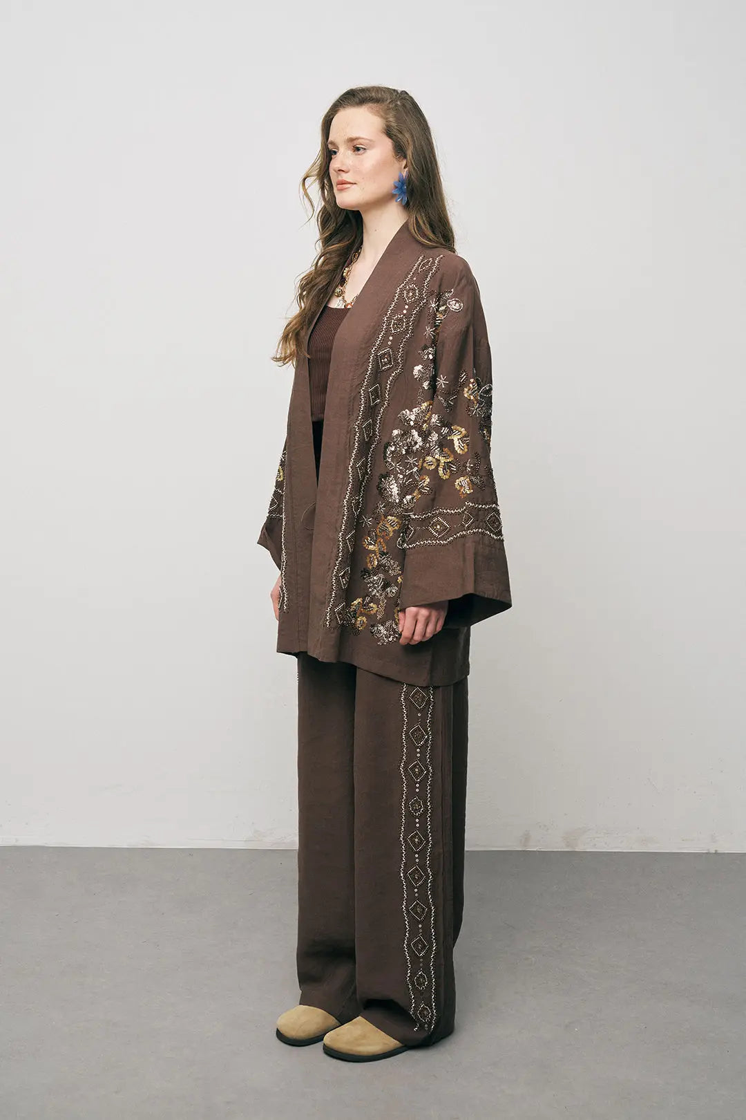 Orfeonegro Kahve Nakış İşlemeli Kimono ORFEONEGRO