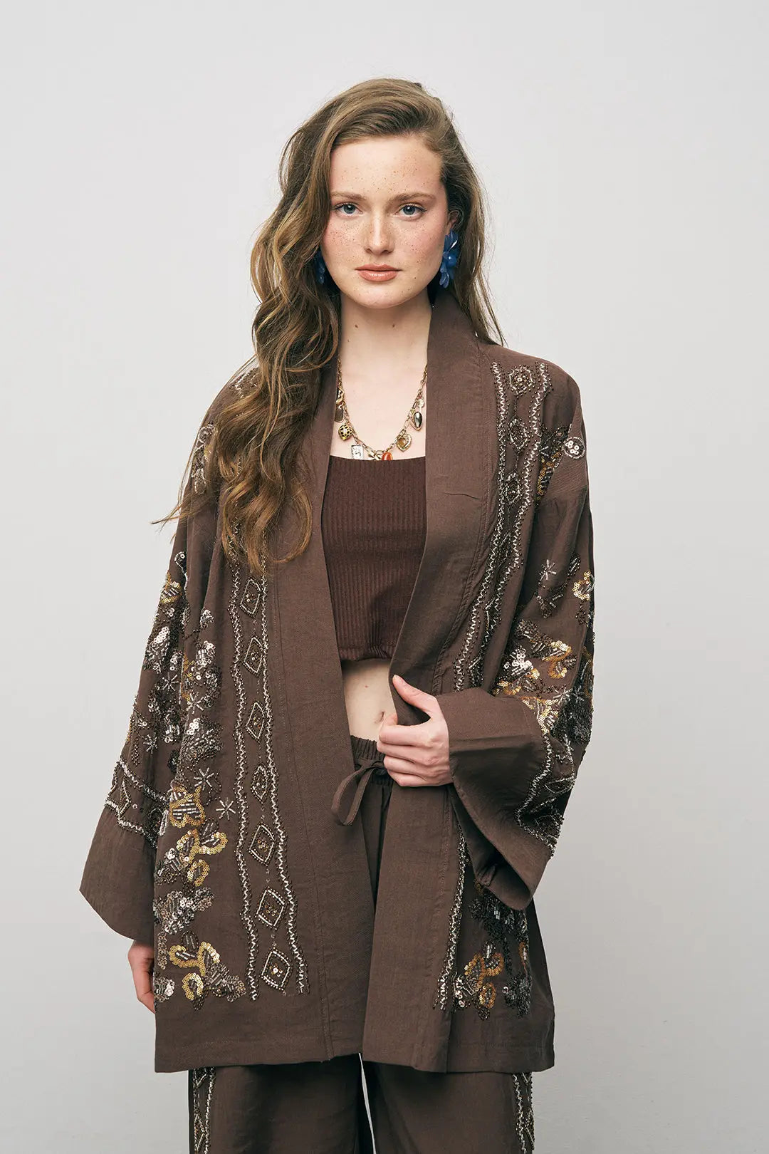 Orfeonegro Kahve Nakış İşlemeli Kimono ORFEONEGRO