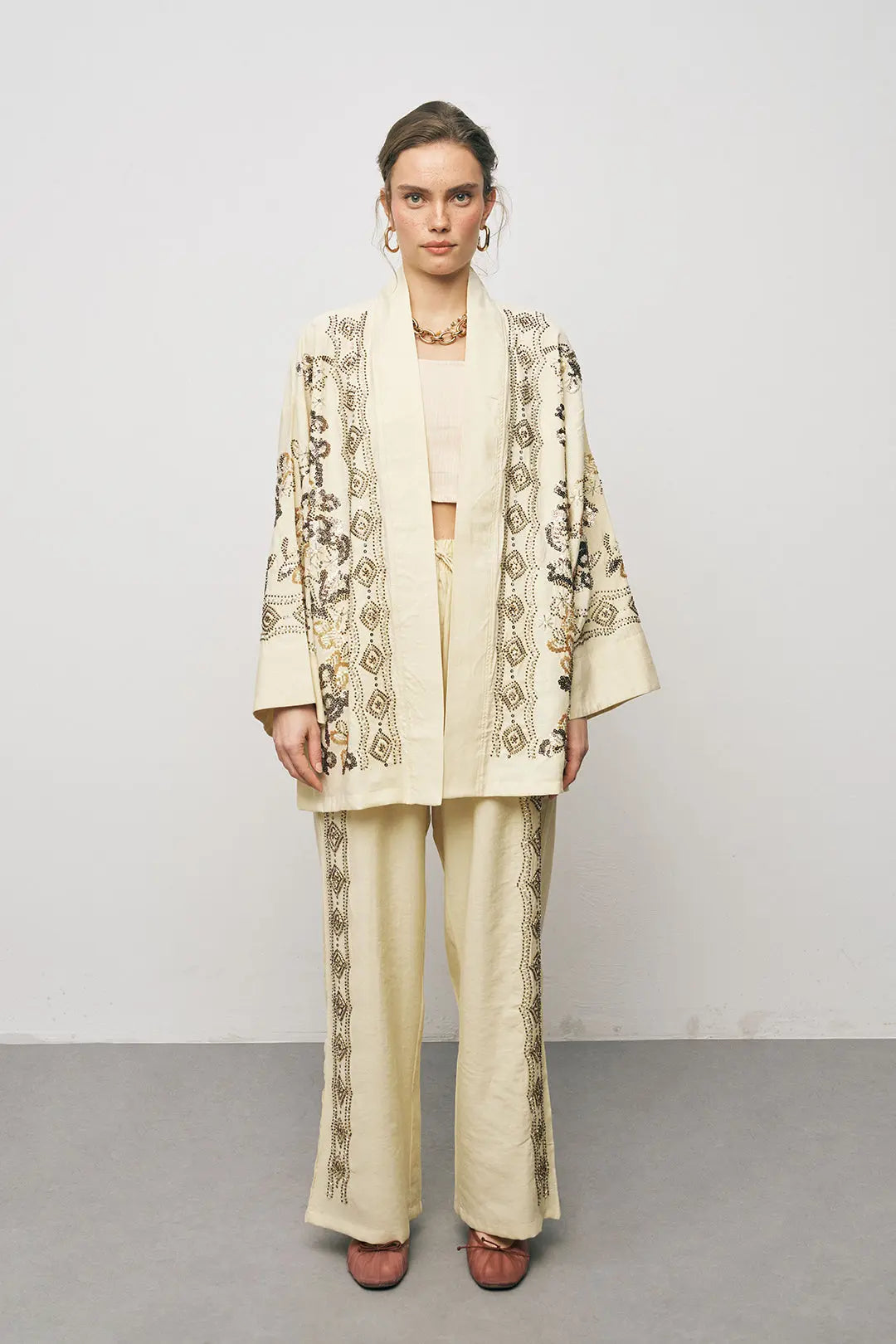 Orfeonegro Sarı Nakış İşlemeli Kimono ORFEONEGRO