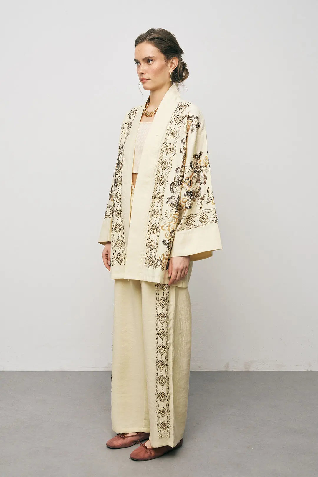 Orfeonegro Sarı Nakış İşlemeli Kimono ORFEONEGRO