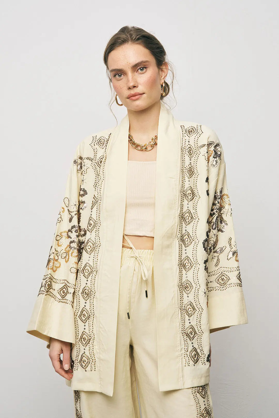 Orfeonegro Sarı Nakış İşlemeli Kimono ORFEONEGRO