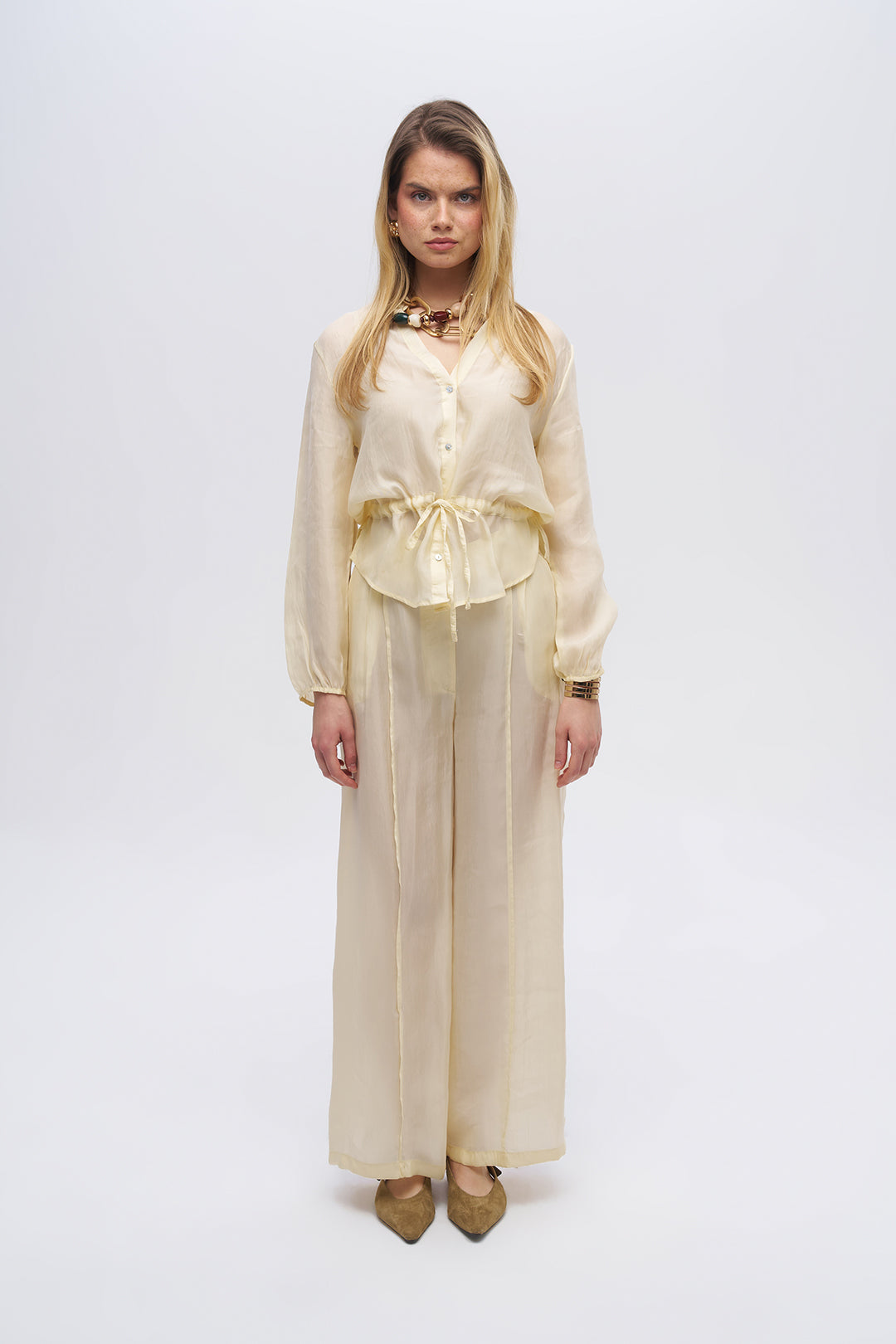 Gömlek Yaka Önden Düğmeli Kısa Kollu Dökümlü Bluz Sarı