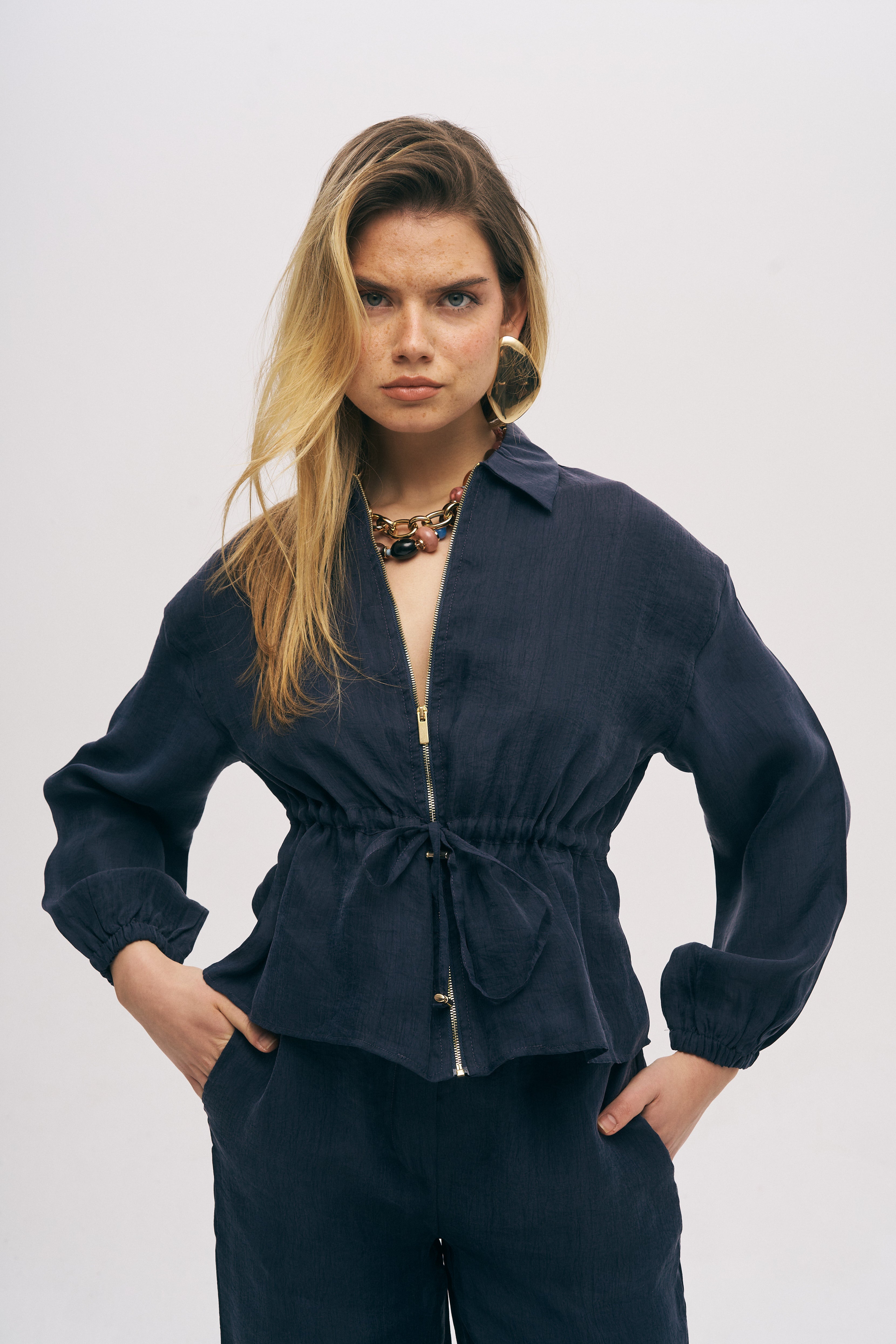 Toptan Kadın Beli Bağlamalı Fermuarlı Ceket - Lacivert