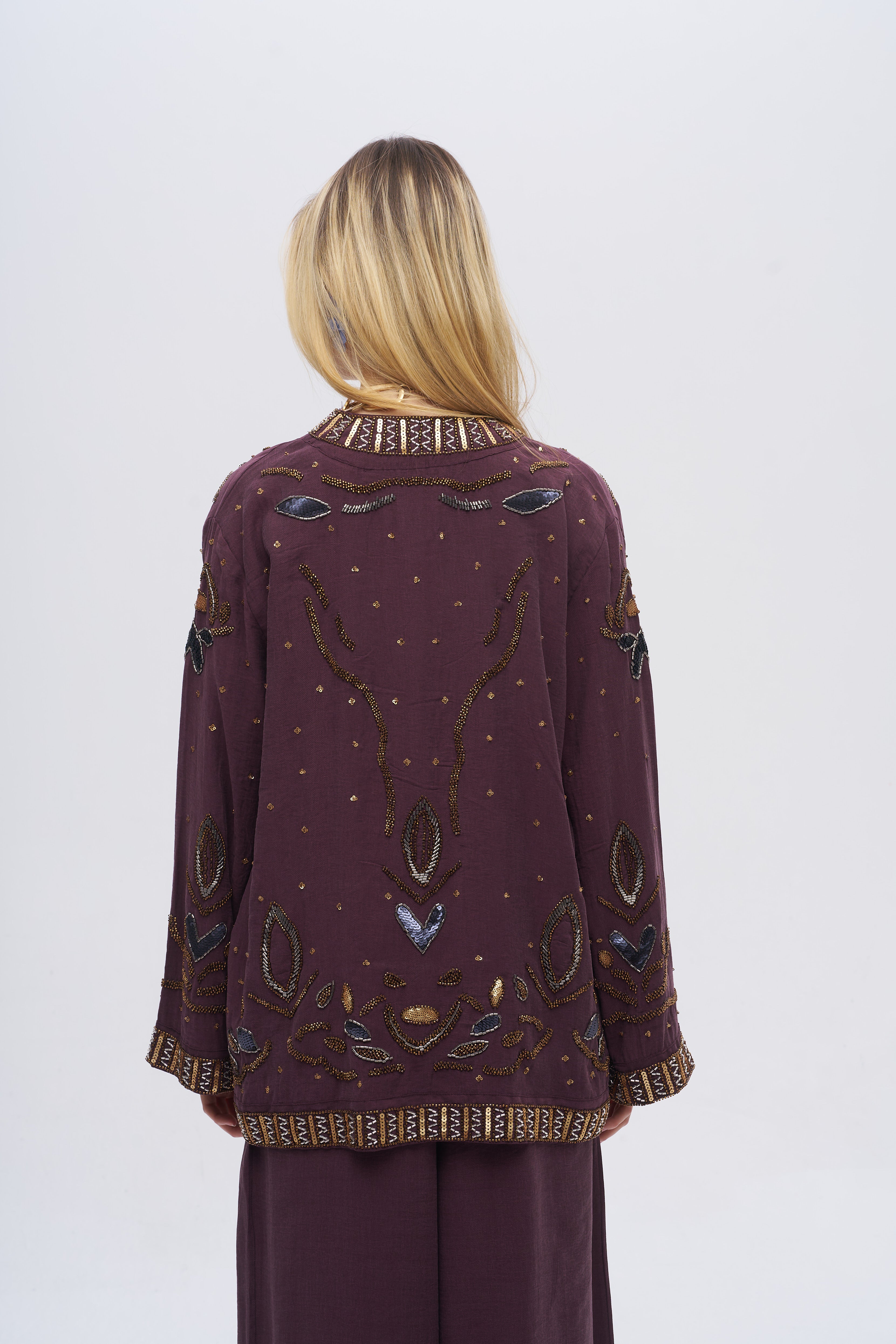 Boncuk ve Pul İşlemeli Bordo Tencel Kimono